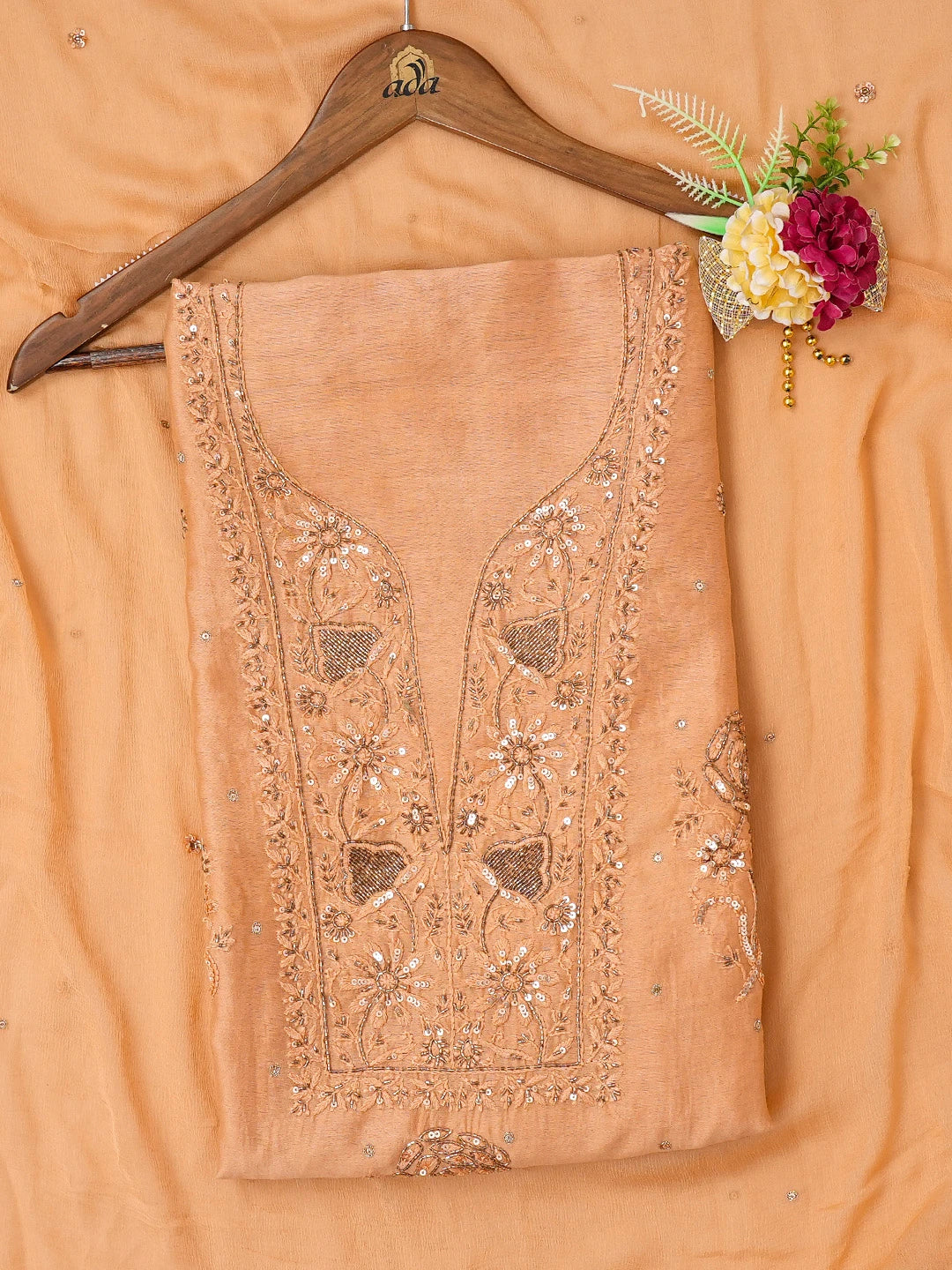 Ada Hand Embroidered Persian Orange Chanderi Lucknowi Chikankari Unstitched Kurta Dupatta Set With Sequinned Work 01A118469