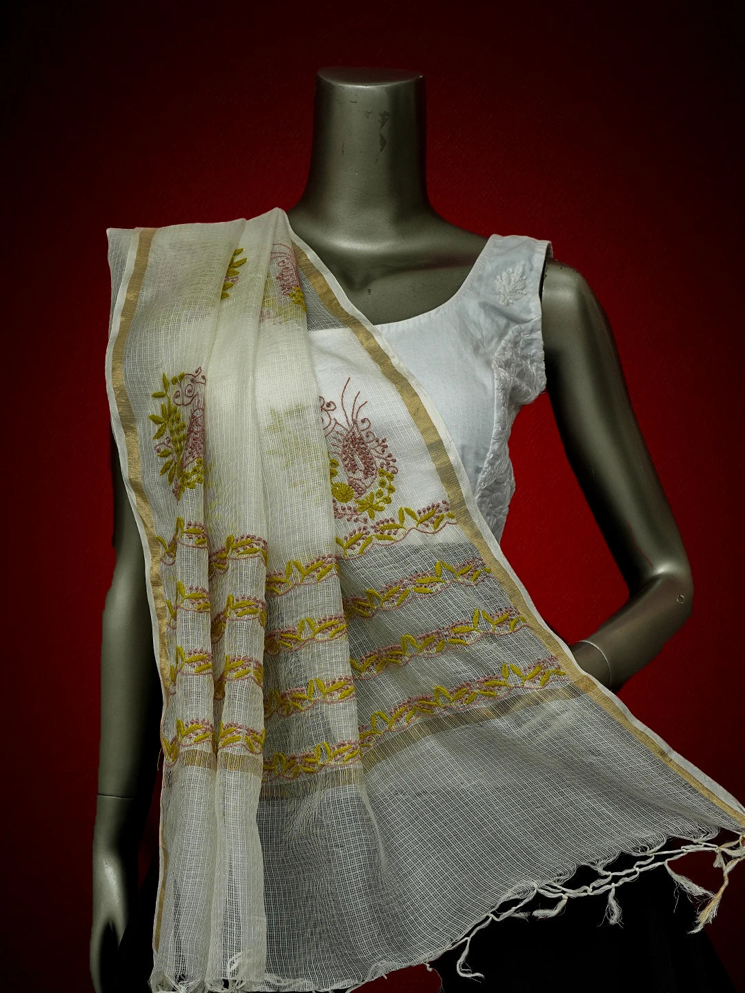 Ada Hand Embroidered White Kota Silk Lucknowi Chikankari Dupatta 01A711834