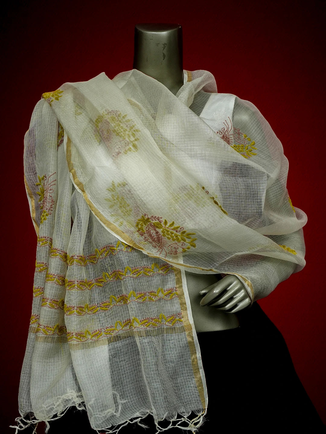 Ada Hand Embroidered White Kota Silk Lucknowi Chikankari Dupatta 01A711834