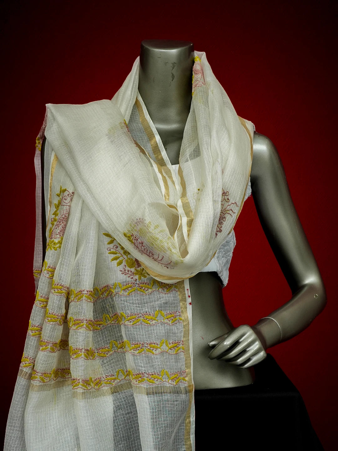 Ada Hand Embroidered White Kota Silk Lucknowi Chikankari Dupatta 01A711834