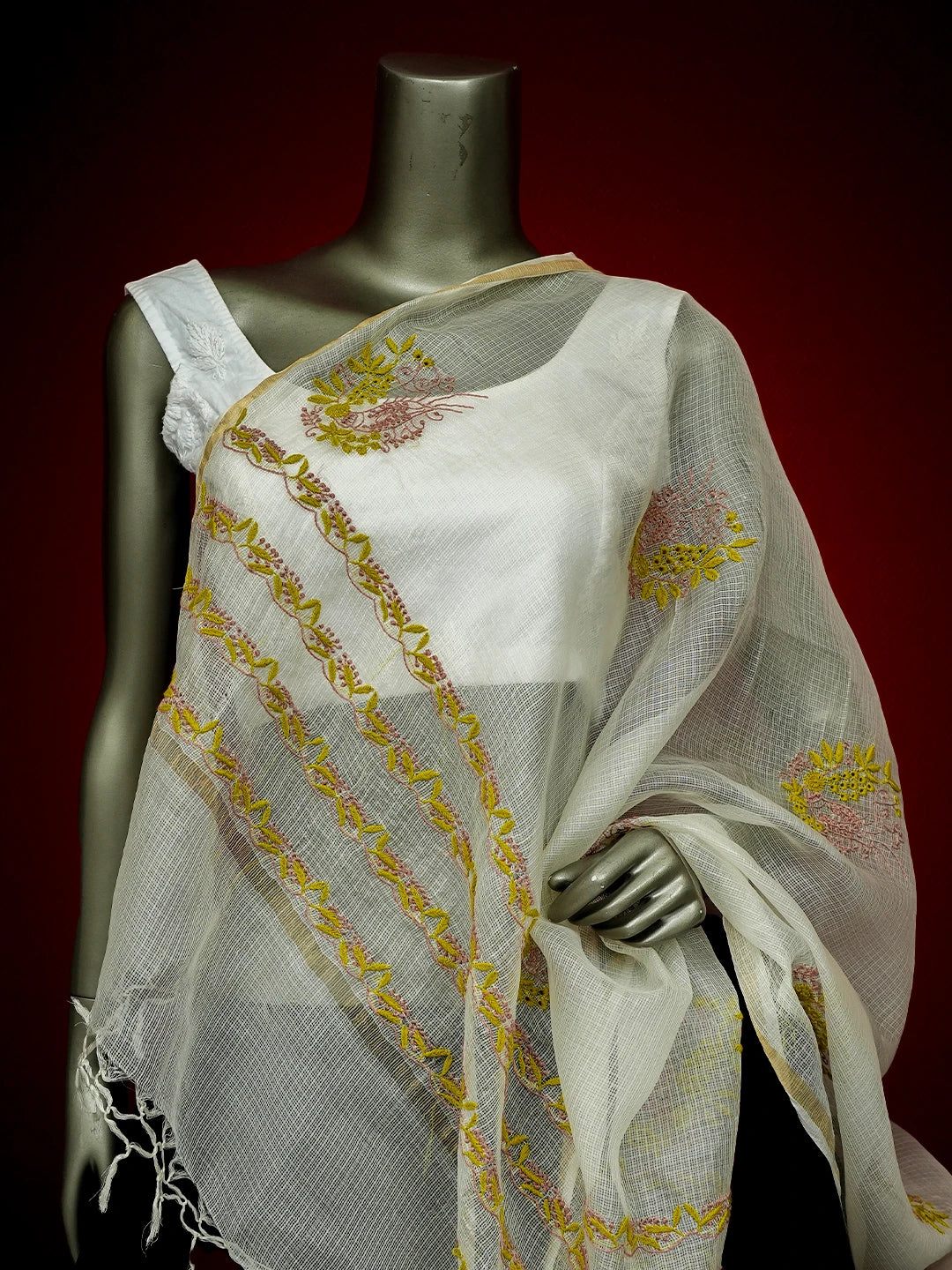 Ada Hand Embroidered White Kota Silk Lucknowi Chikankari Dupatta 01A711834