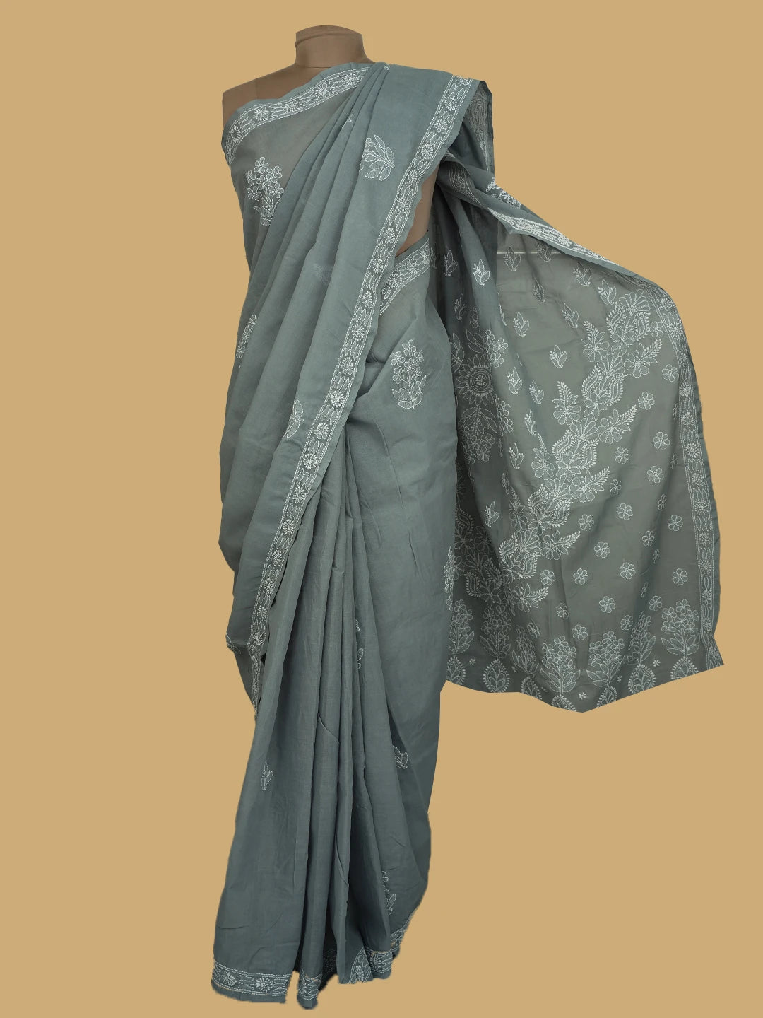 Ada Hand Embroidered Grey Cotton Lucknowi Chikankari Saree With Blouse 01A592191