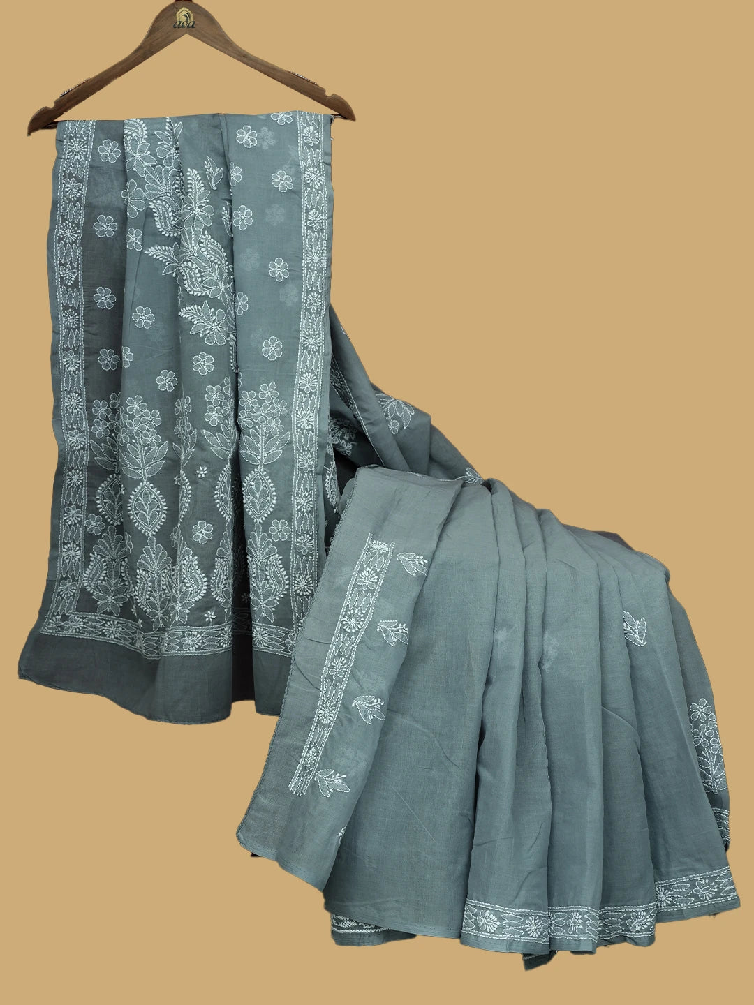 Ada Hand Embroidered Grey Cotton Lucknowi Chikankari Saree With Blouse 01A592191