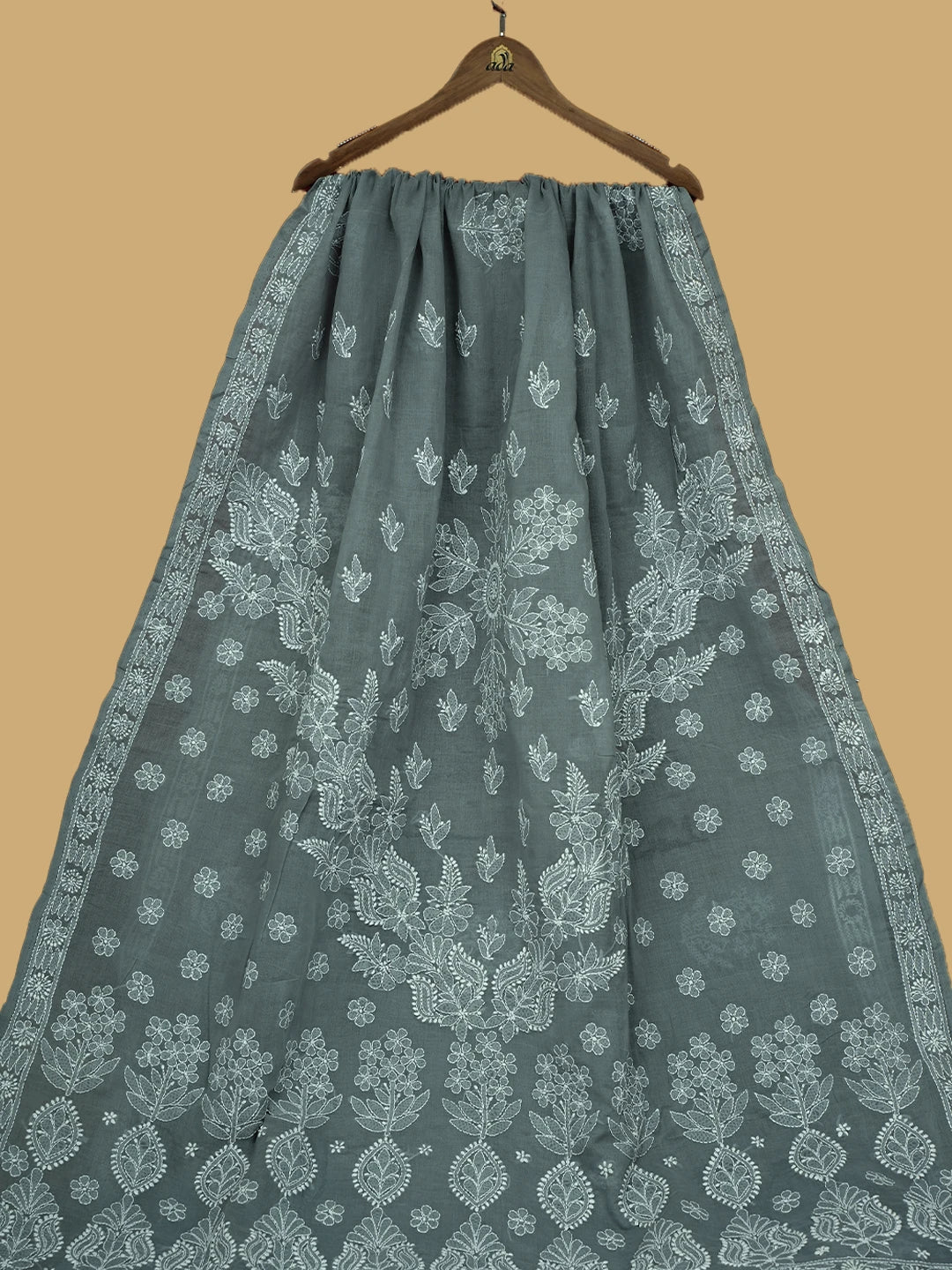 Ada Hand Embroidered Grey Cotton Lucknowi Chikankari Saree With Blouse 01A592191