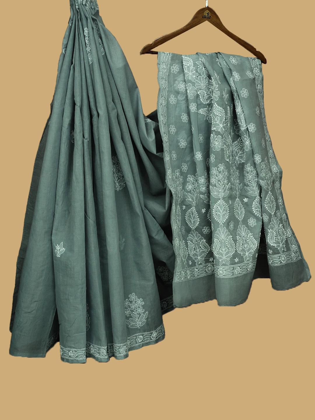 Ada Hand Embroidered Grey Cotton Lucknowi Chikankari Saree With Blouse 01A592191