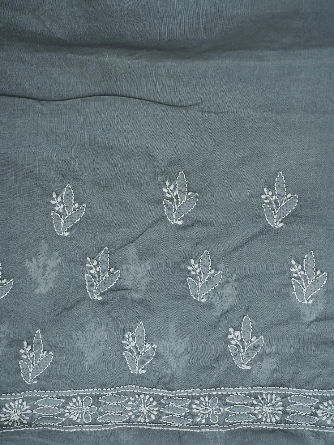 Ada Hand Embroidered Grey Cotton Lucknowi Chikankari Saree With Blouse 01A592191