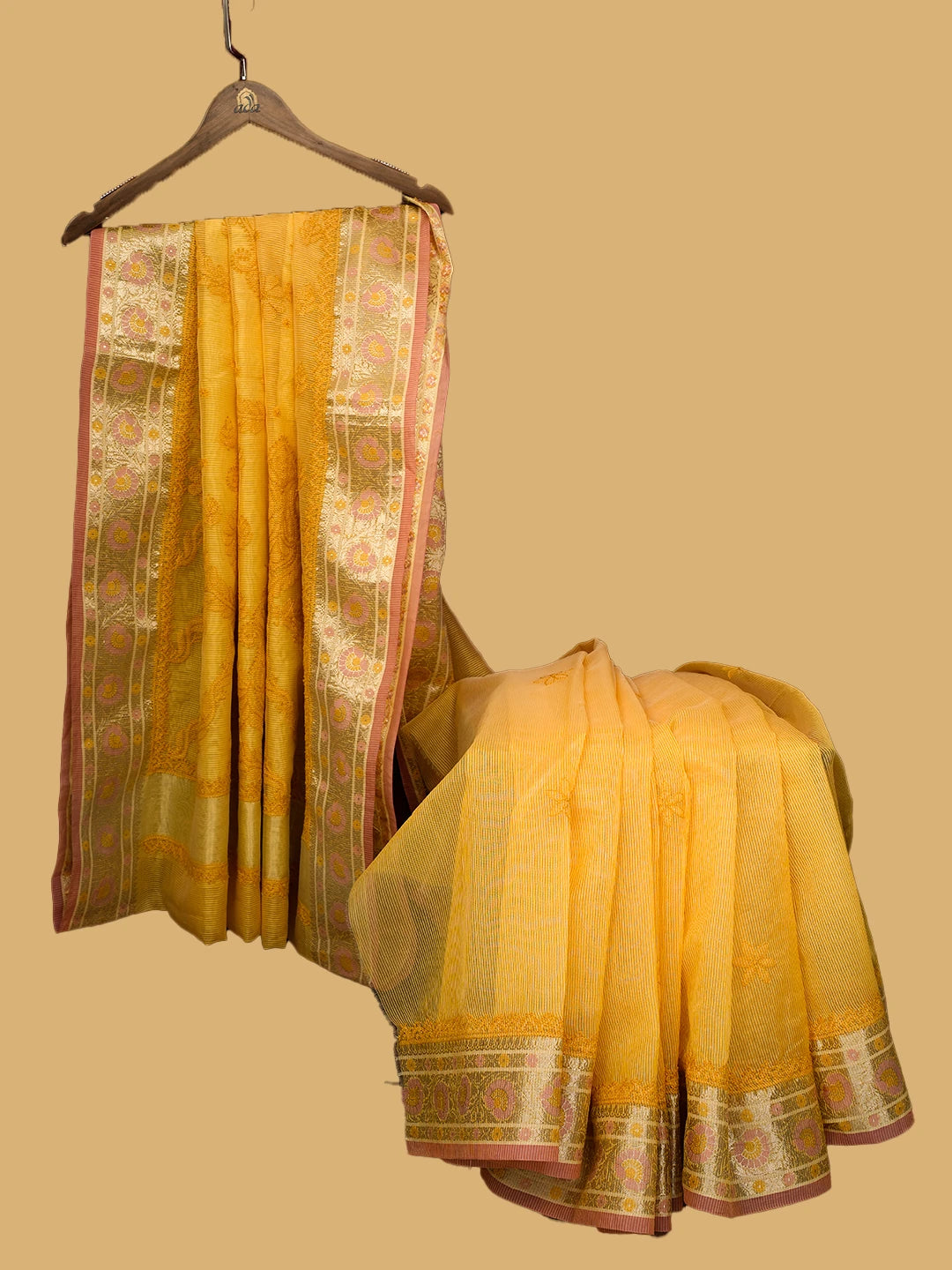 Ada Hand Embroidered Mustard Chanderi Lucknowi Chikankari Saree and Blouse 01A661289