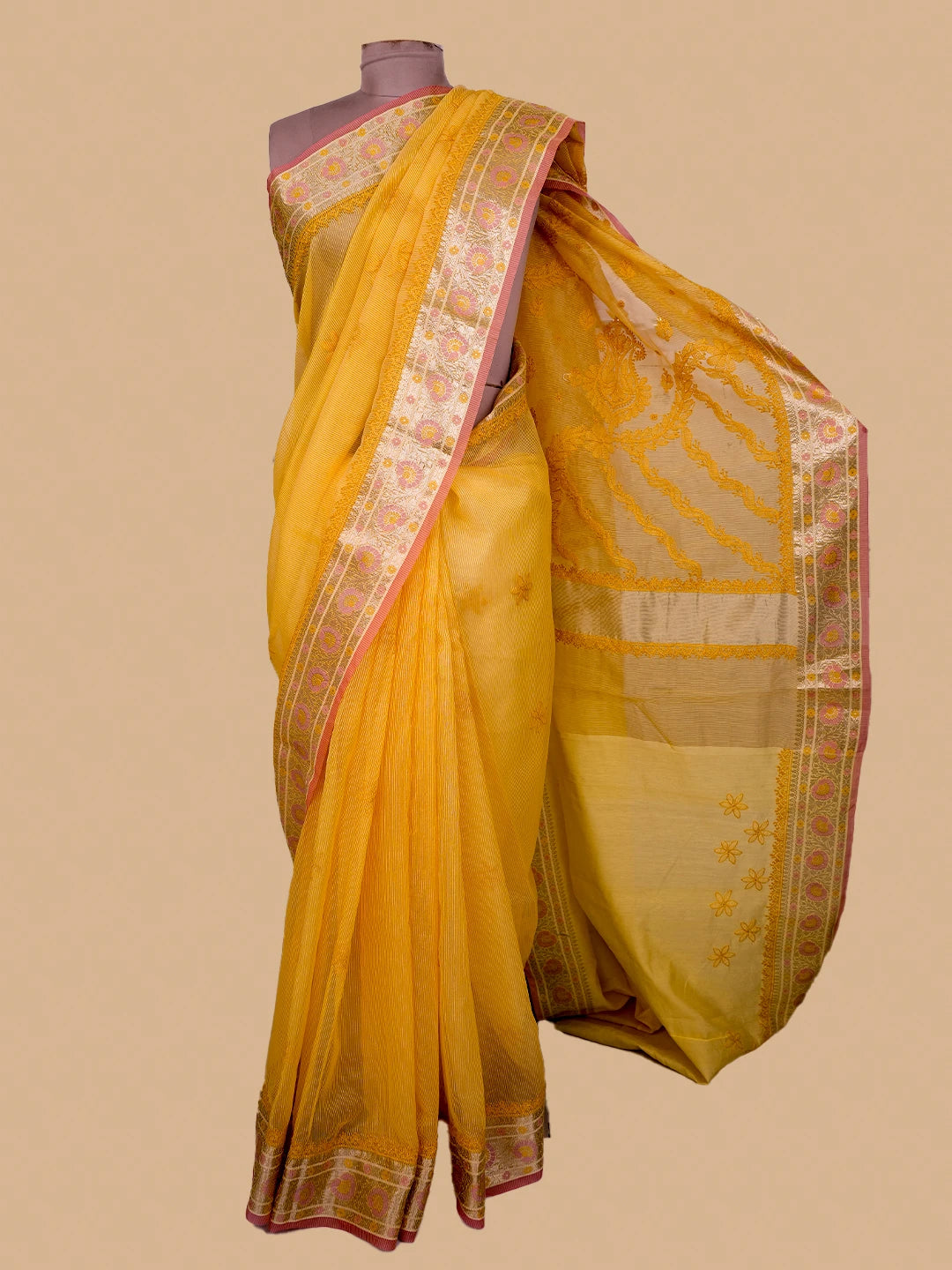 Ada Hand Embroidered Mustard Chanderi Lucknowi Chikankari Saree and Blouse 01A661289