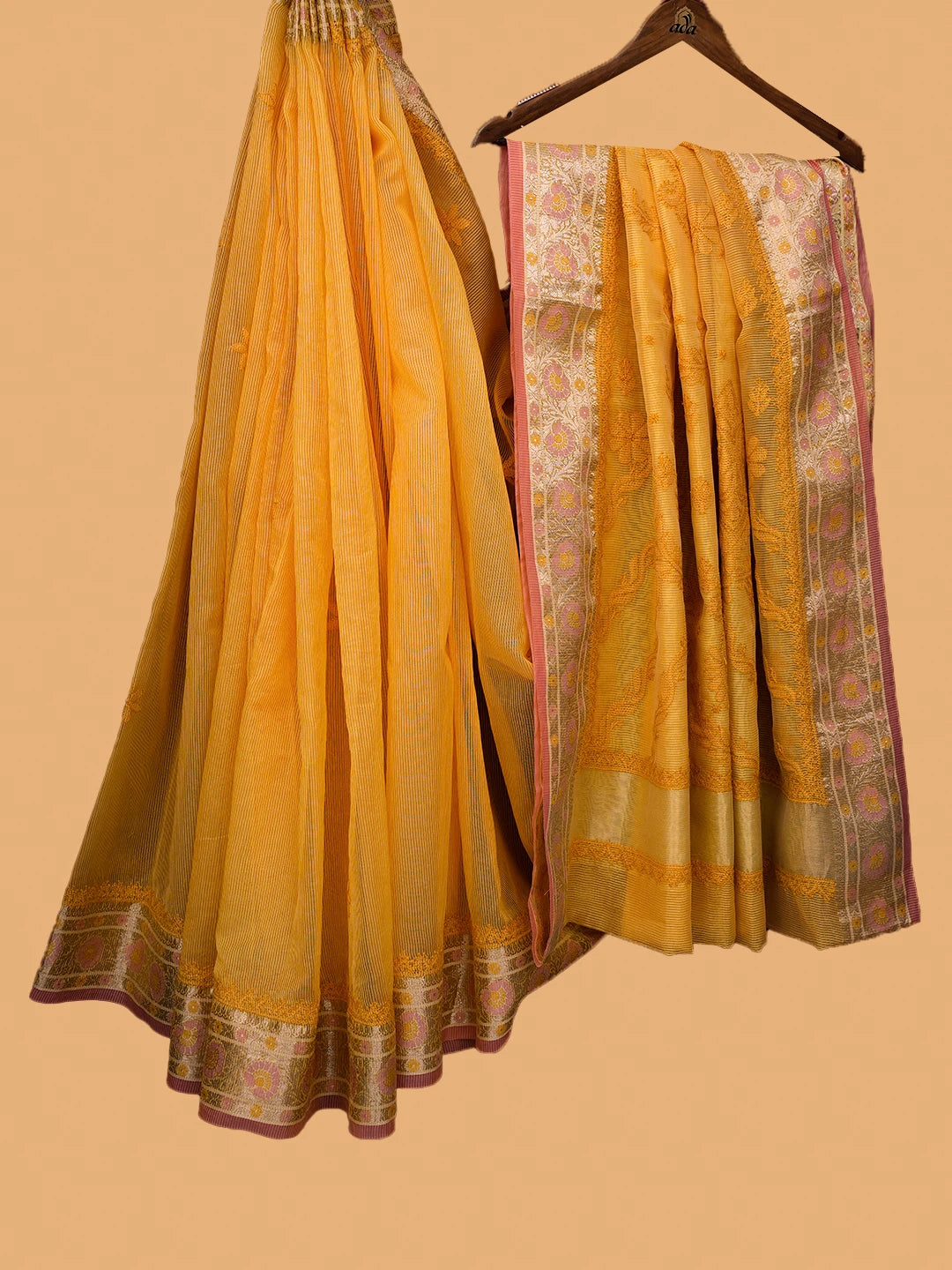 Ada Hand Embroidered Mustard Chanderi Lucknowi Chikankari Saree and Blouse 01A661289