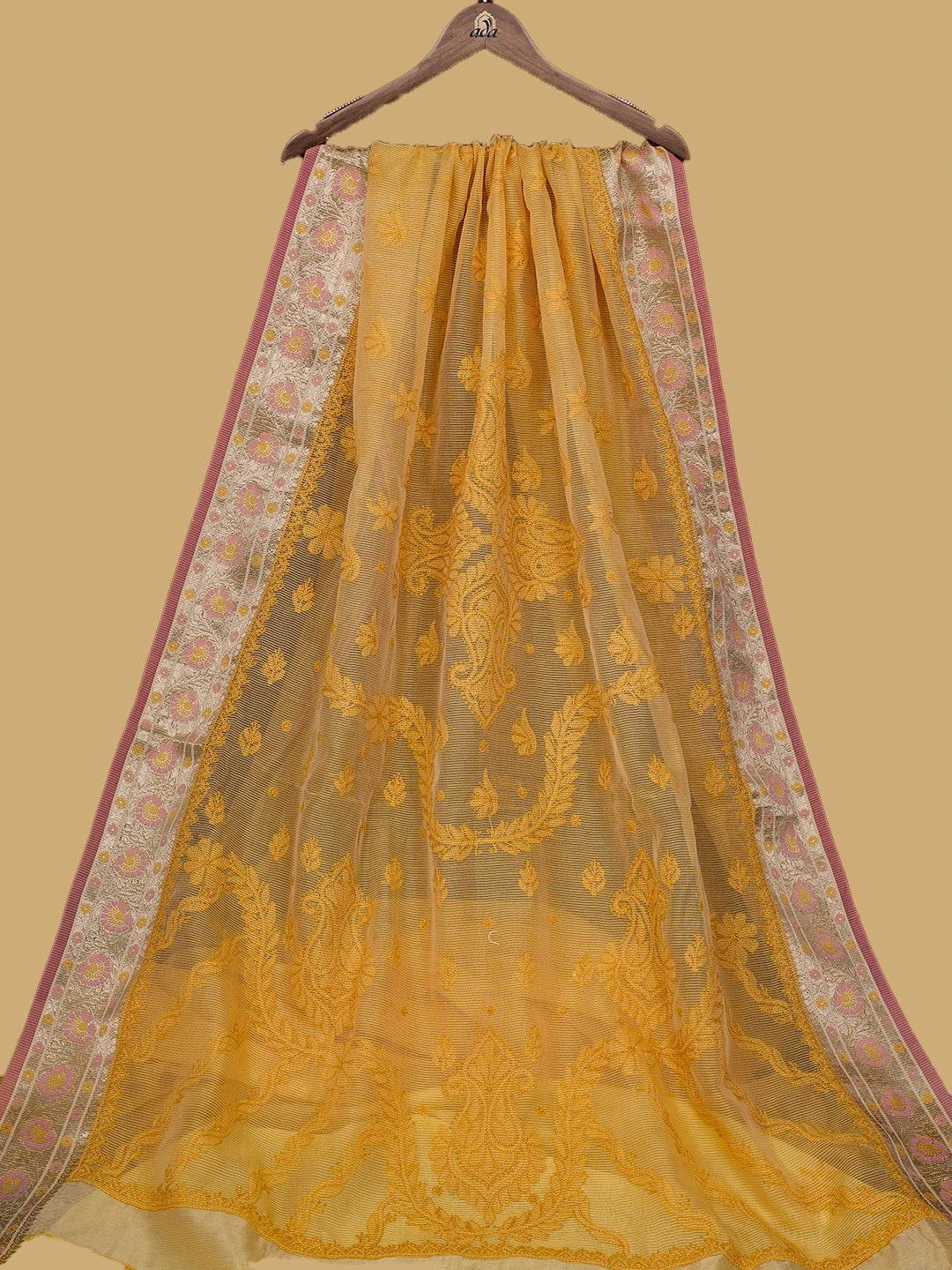 Ada Hand Embroidered Mustard Chanderi Lucknowi Chikankari Saree and Blouse 01A661289