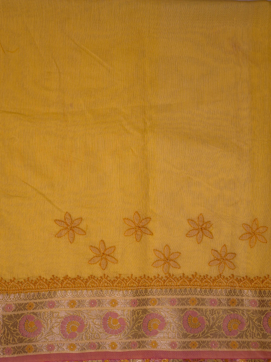 Ada Hand Embroidered Mustard Chanderi Lucknowi Chikankari Saree and Blouse 01A661289