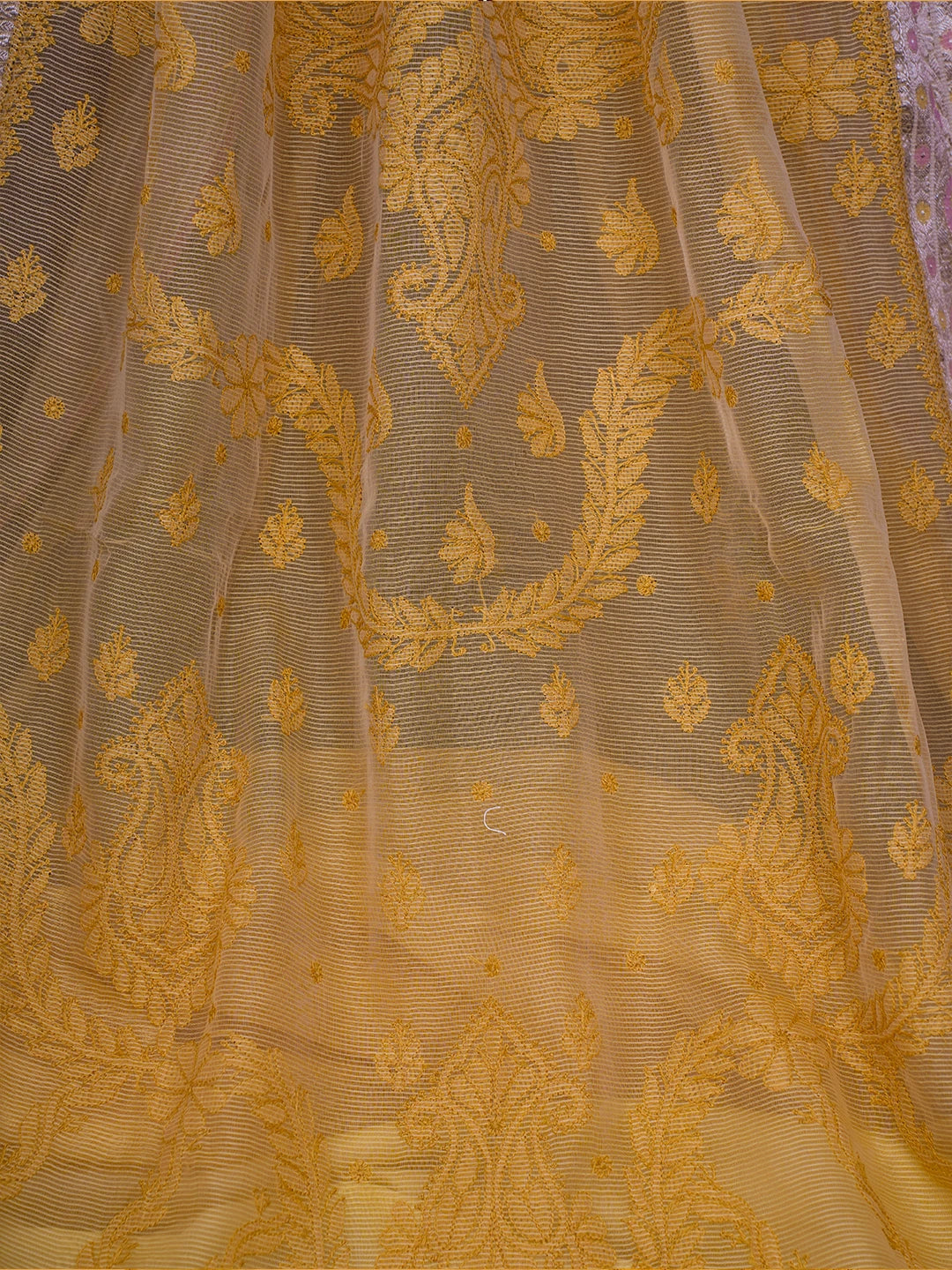 Ada Hand Embroidered Mustard Chanderi Lucknowi Chikankari Saree and Blouse 01A661289