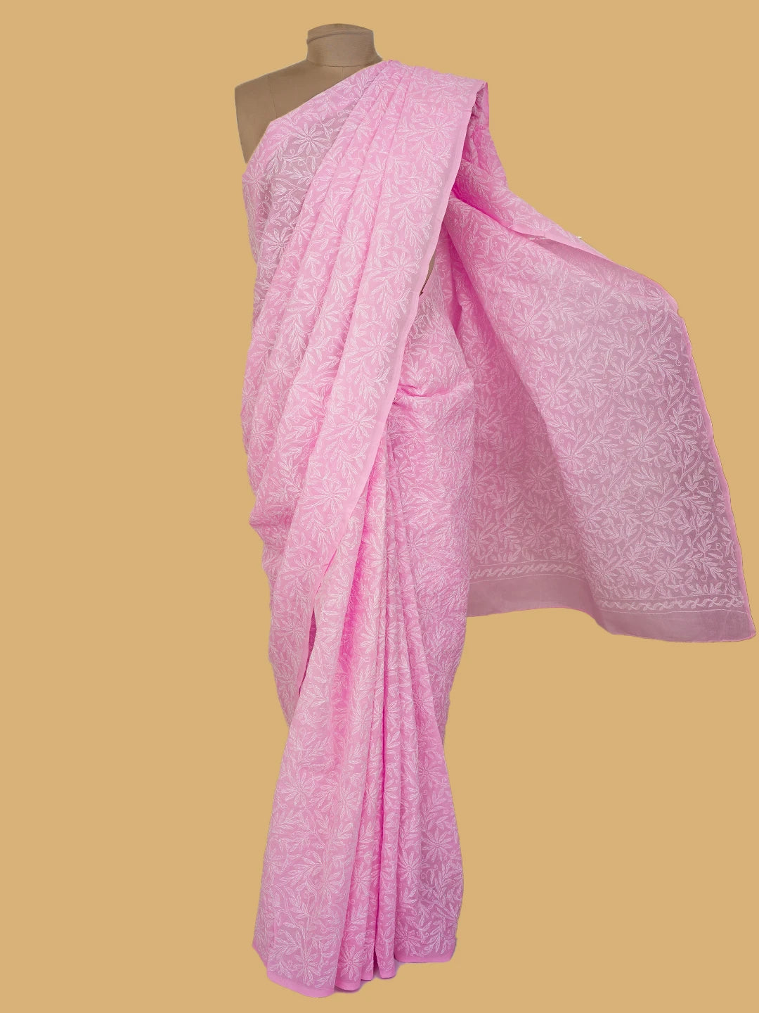 Ada Hand Embroidered Pink Cotton Lucknowi Chikankari Saree and Blouse 01A586085