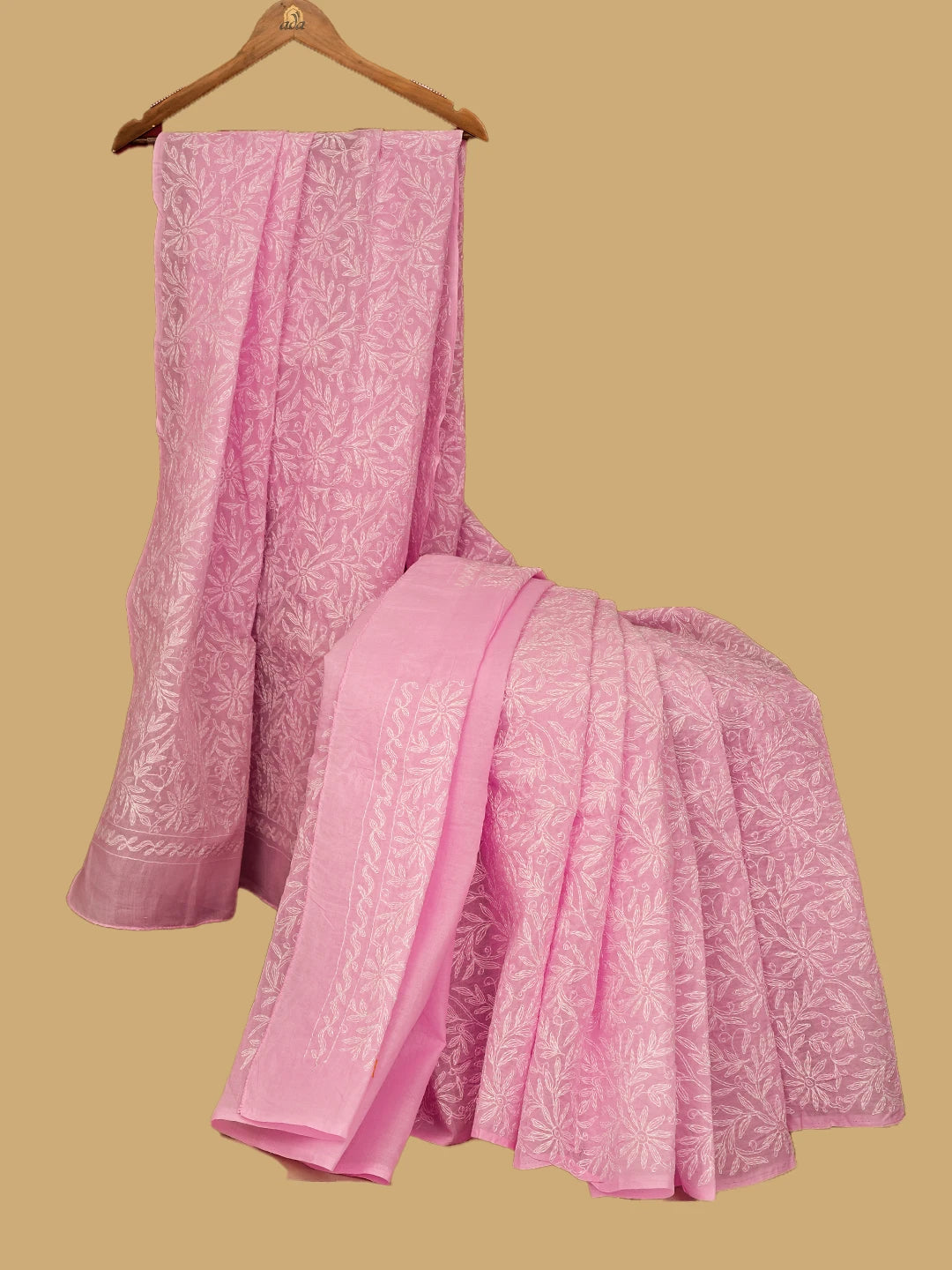 Ada Hand Embroidered Pink Cotton Lucknowi Chikankari Saree and Blouse 01A586085