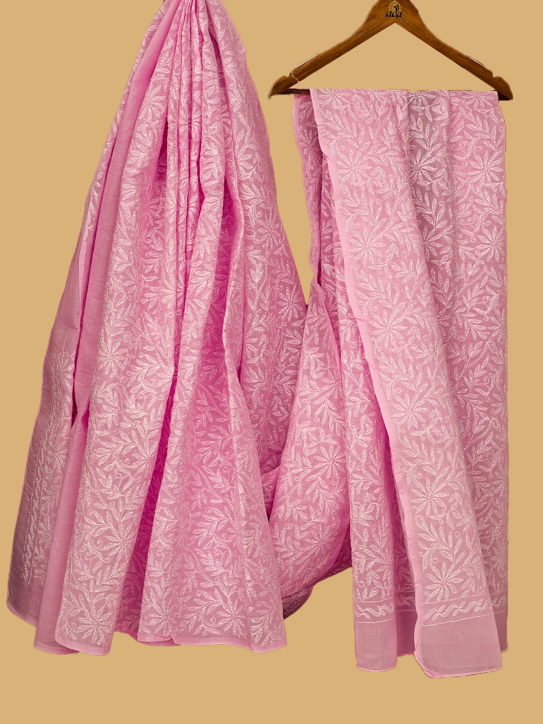 Ada Hand Embroidered Pink Cotton Lucknowi Chikankari Saree and Blouse 01A586085