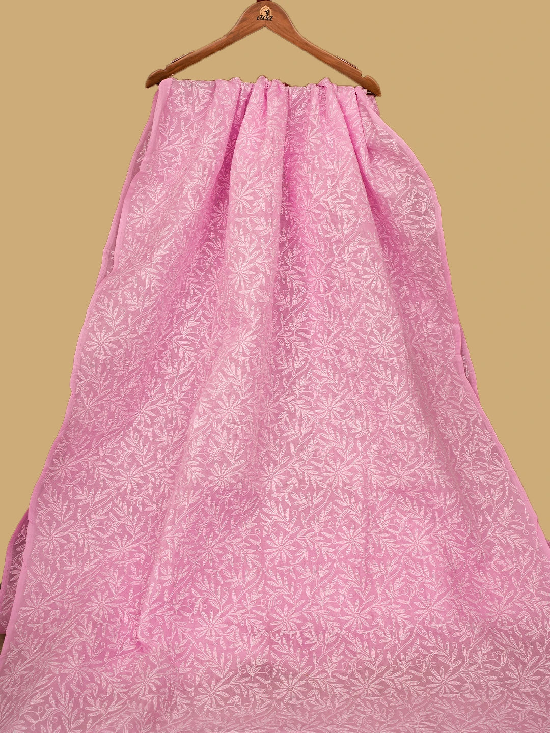 Ada Hand Embroidered Pink Cotton Lucknowi Chikankari Saree and Blouse 01A586085