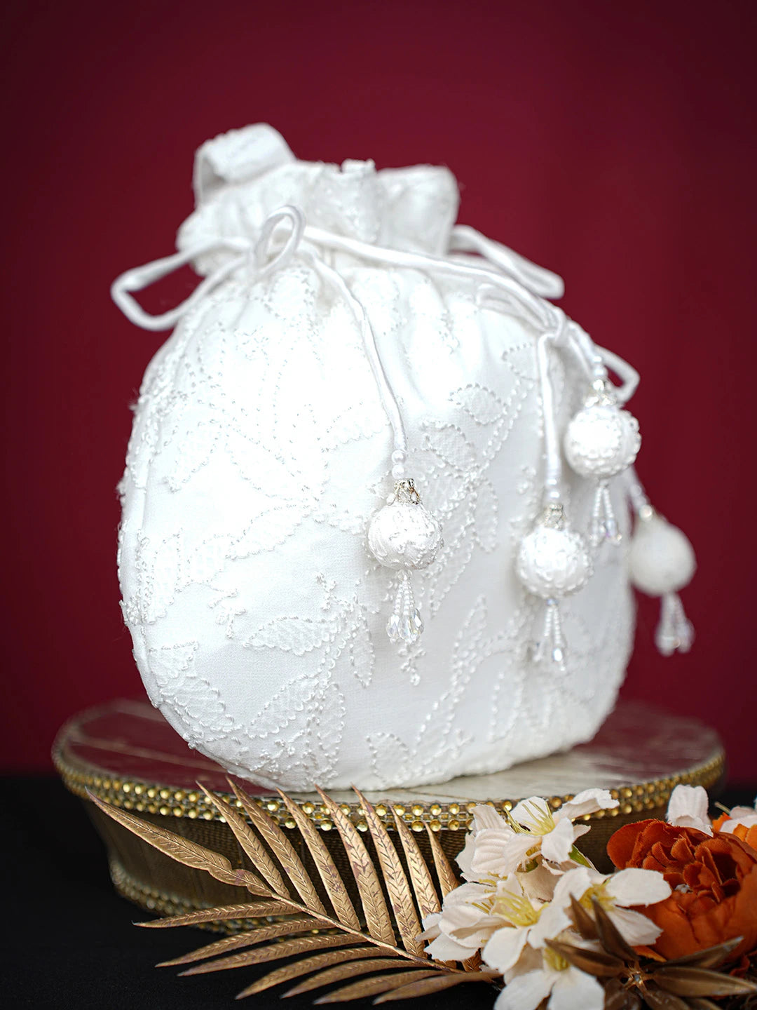 Ada Hand Embroidered White Viscose Georgette Lucknowi Chikankari Potli Bag 01A704137