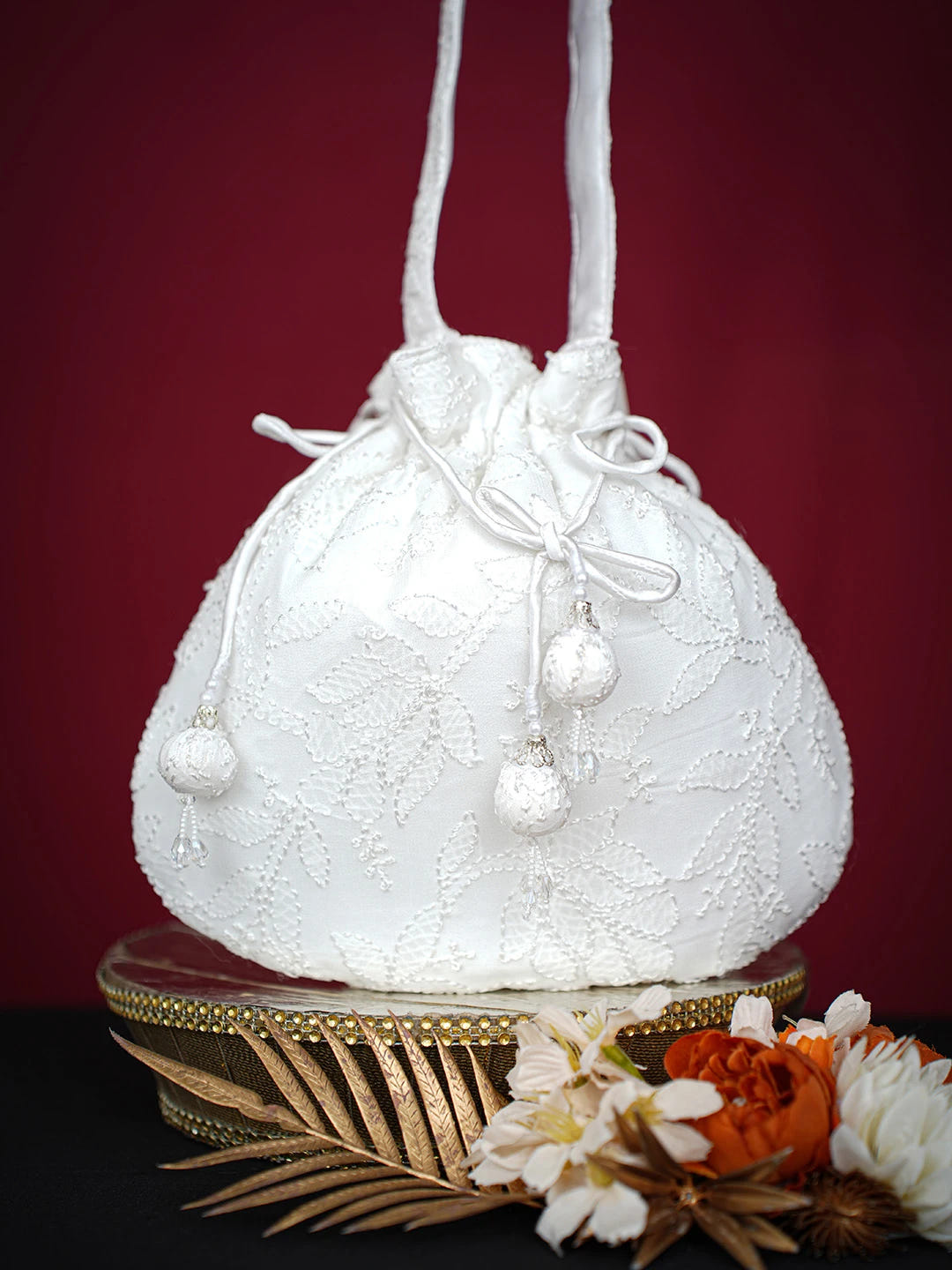 Ada Hand Embroidered White Viscose Georgette Lucknowi Chikankari Potli Bag 01A704137