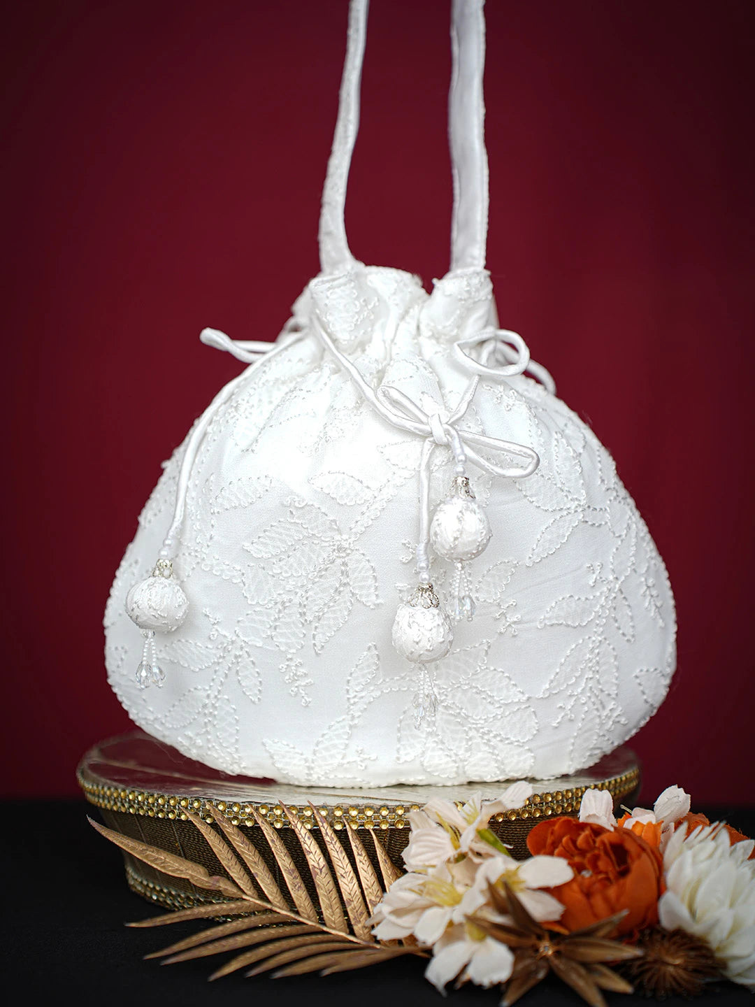 Ada Hand Embroidered White Viscose Georgette Lucknowi Chikankari Potli Bag 01A704137