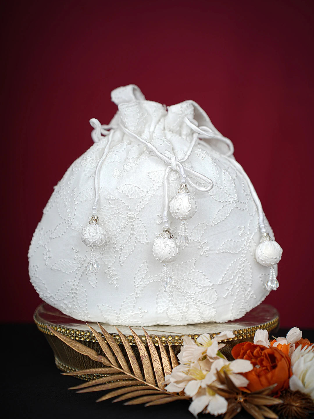 Ada Hand Embroidered White Viscose Georgette Lucknowi Chikankari Potli Bag 01A704137