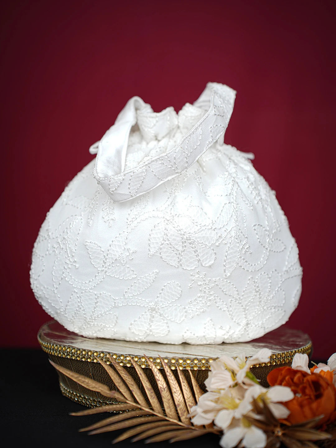 Ada Hand Embroidered White Viscose Georgette Lucknowi Chikankari Potli Bag 01A704137