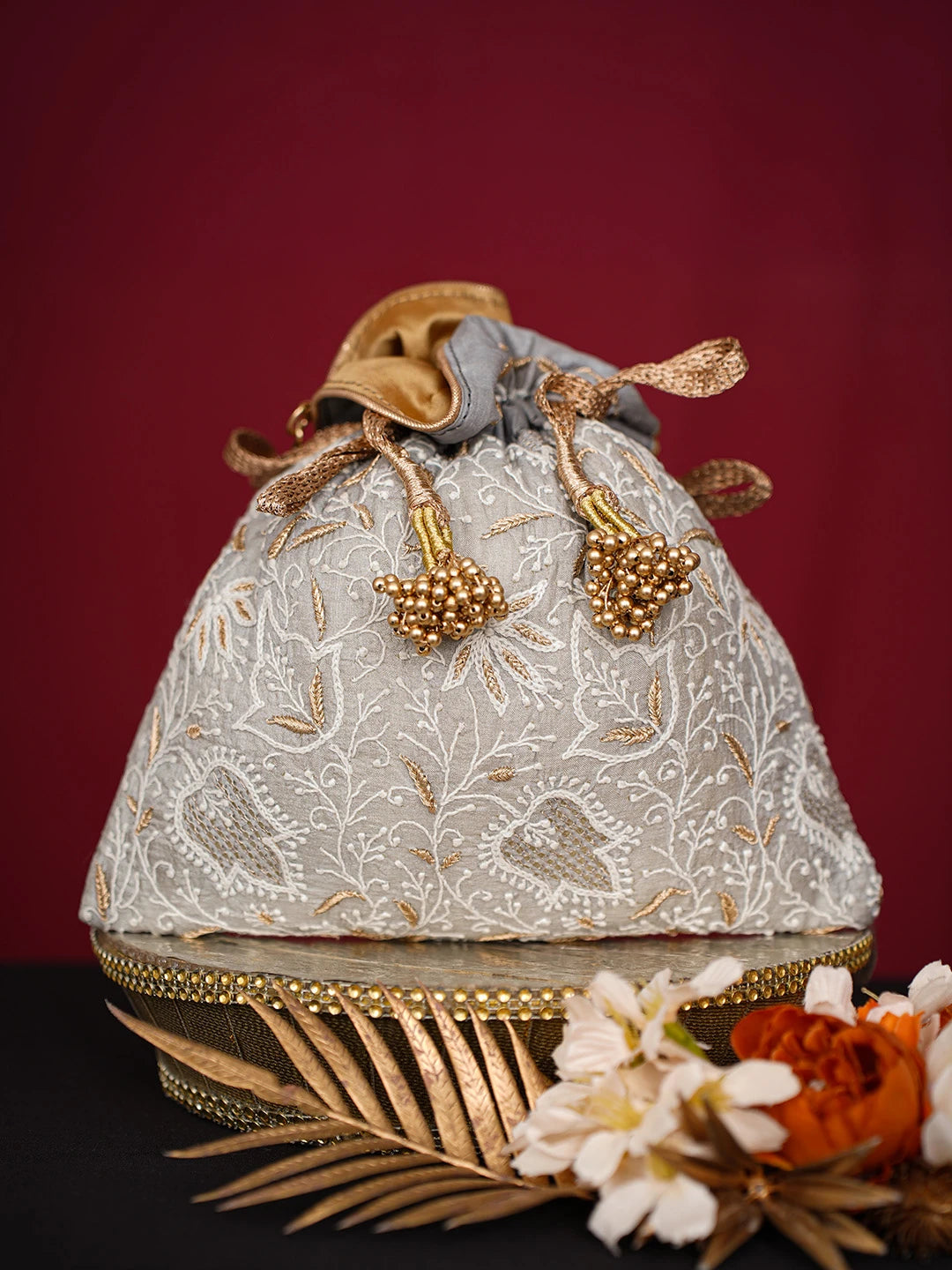 Ada Hand Embroidered Grey Silk Lucknowi Chikankari Potli Bag With Zari Work 01A718869