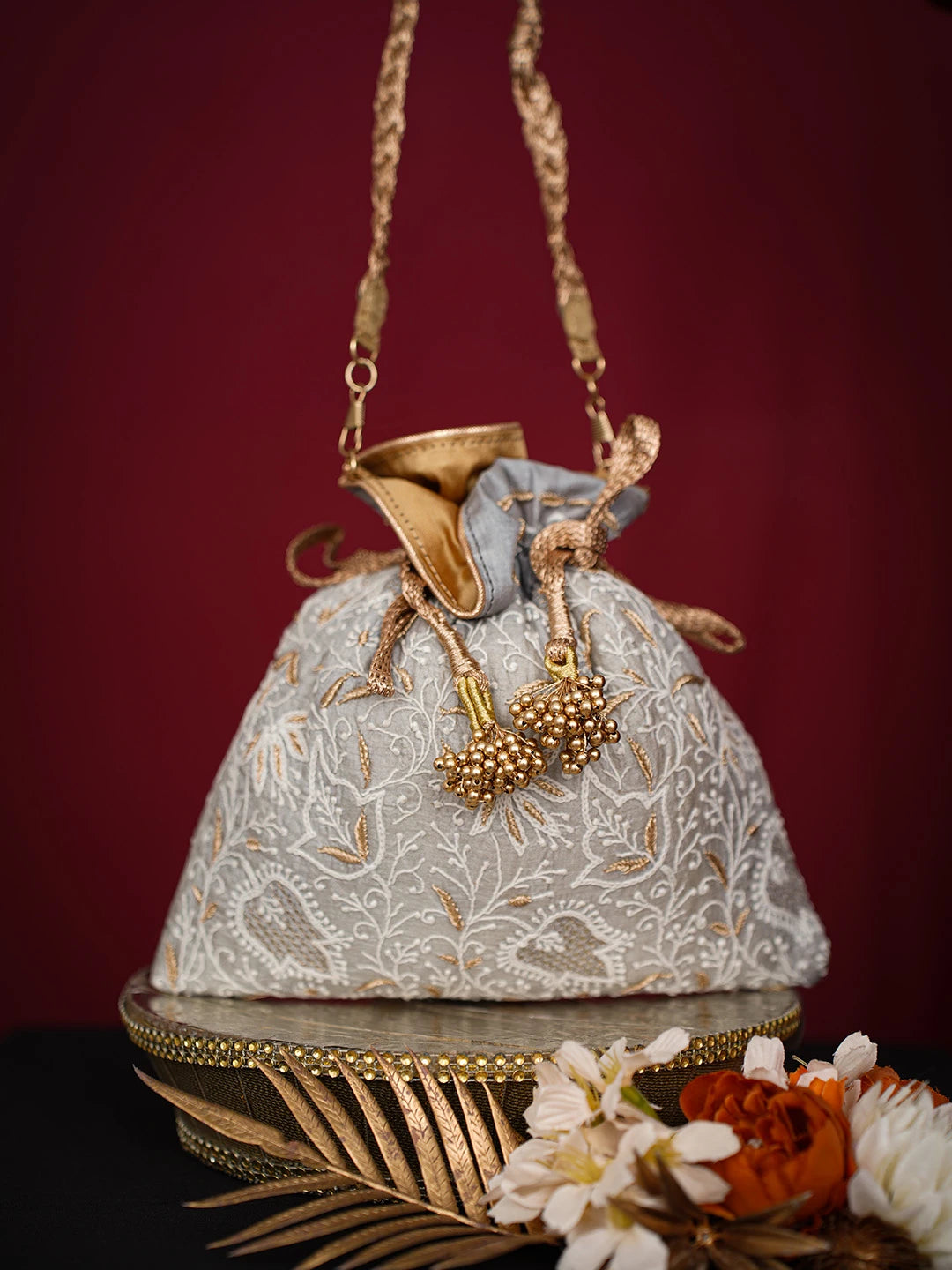 Ada Hand Embroidered Grey Silk Lucknowi Chikankari Potli Bag With Zari Work 01A718869
