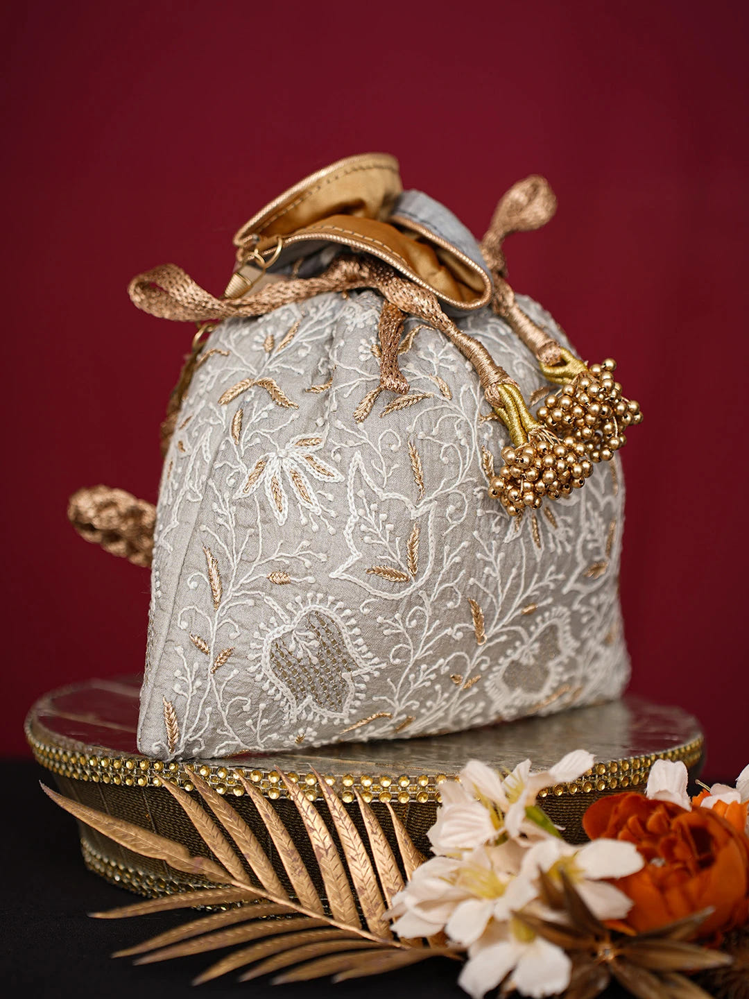 Ada Hand Embroidered Grey Silk Lucknowi Chikankari Potli Bag With Zari Work 01A718869