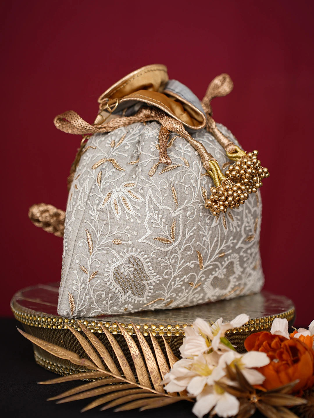 Ada Hand Embroidered Grey Silk Lucknowi Chikankari Potli Bag With Zari Work 01A718869