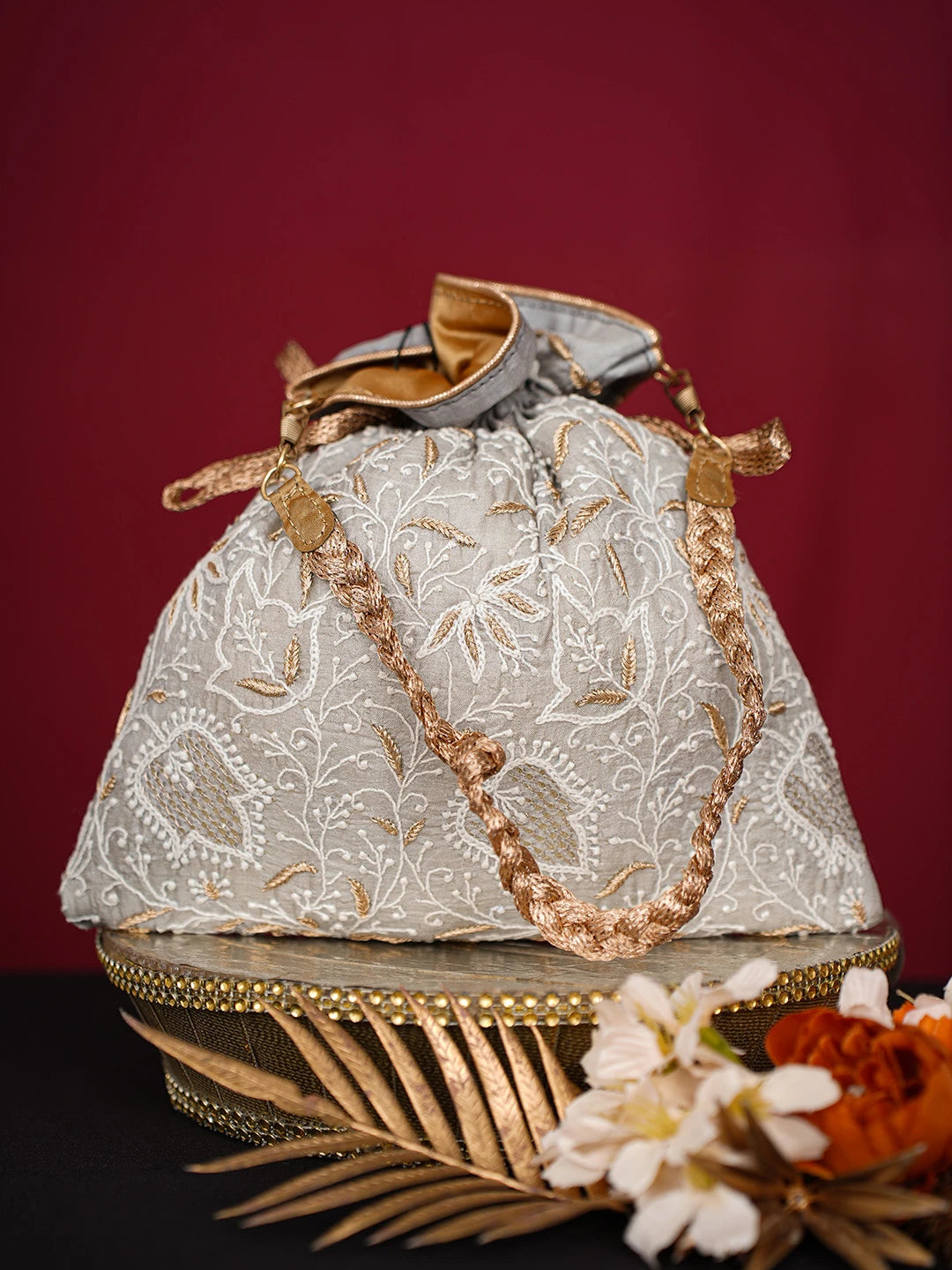 Ada Hand Embroidered Grey Silk Lucknowi Chikankari Potli Bag With Zari Work 01A718869