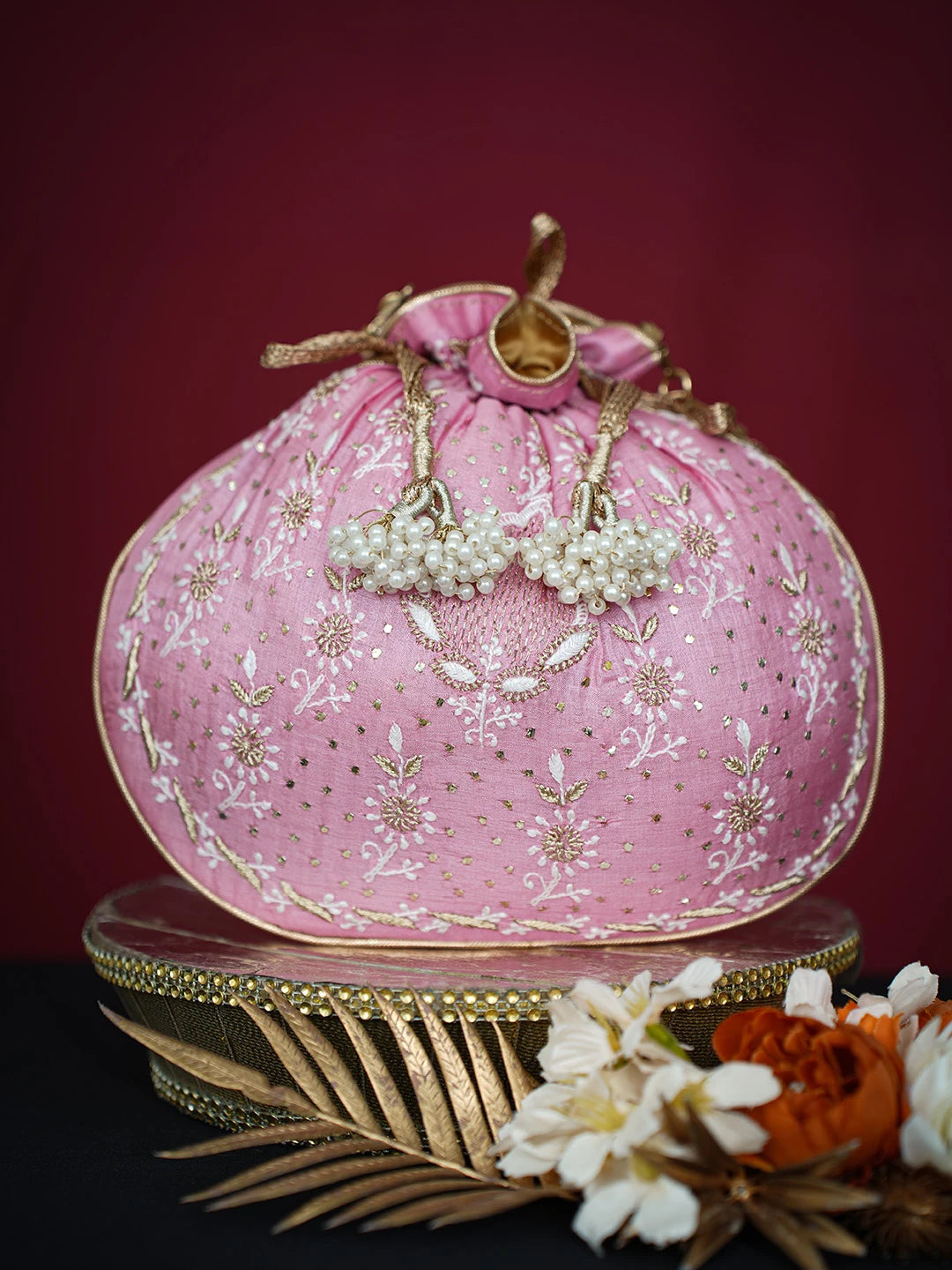 Ada Hand Embroidered Pink Silk Lucknowi Chikankari Potli Bag With Mukaish Work 01A642014