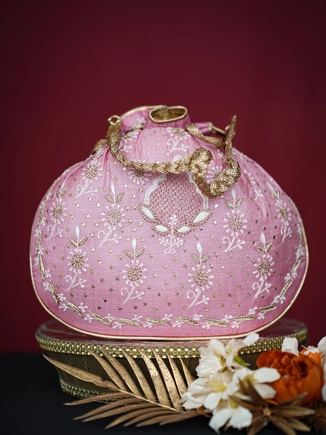Ada Hand Embroidered Pink Silk Lucknowi Chikankari Potli Bag With Mukaish Work 01A642014