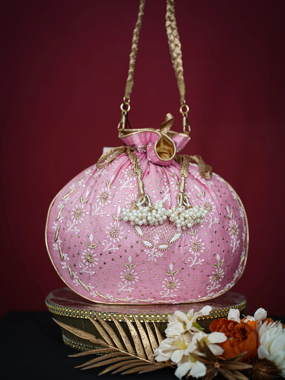 Ada Hand Embroidered Pink Silk Lucknowi Chikankari Potli Bag With Mukaish Work 01A642014