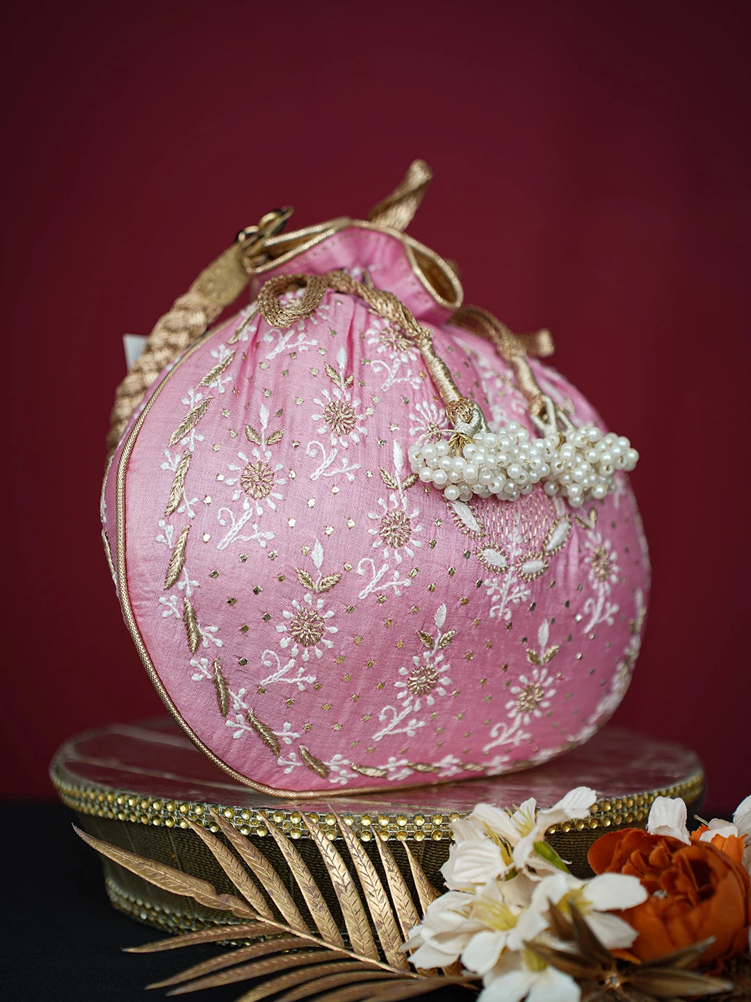 Ada Hand Embroidered Pink Silk Lucknowi Chikankari Potli Bag With Mukaish Work 01A642014