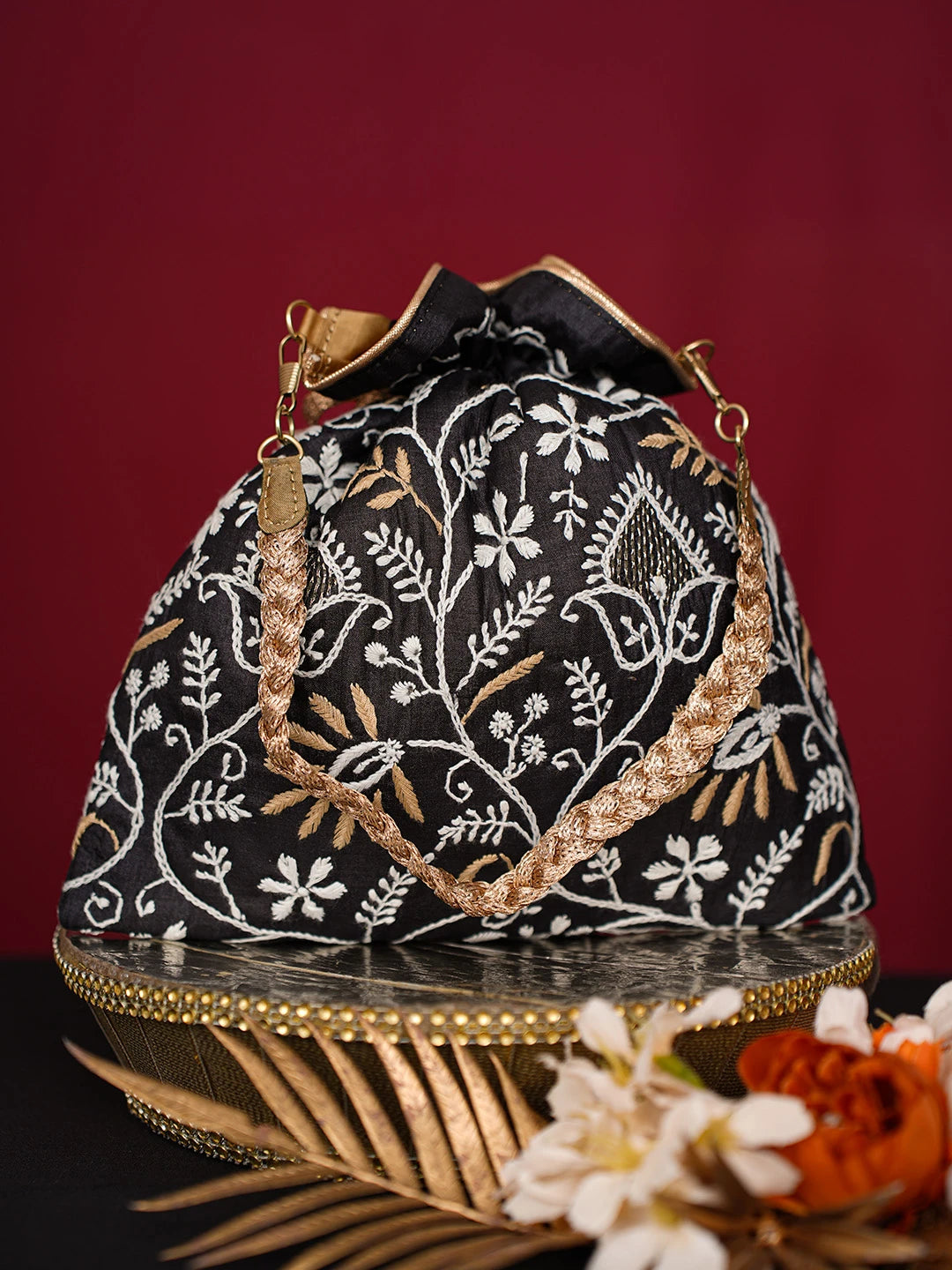 Ada Hand Embroidered Black Silk Lucknowi Chikankari Potli Bag With Zari Work 01A718931