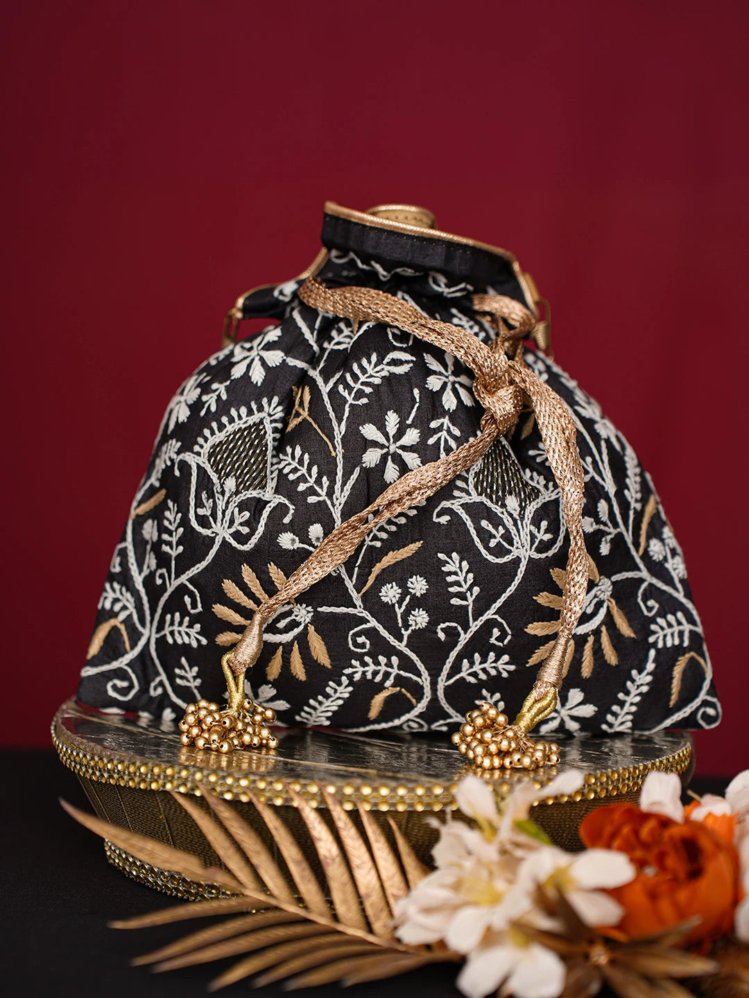 Ada Hand Embroidered Black Silk Lucknowi Chikankari Potli Bag With Zari Work 01A718931