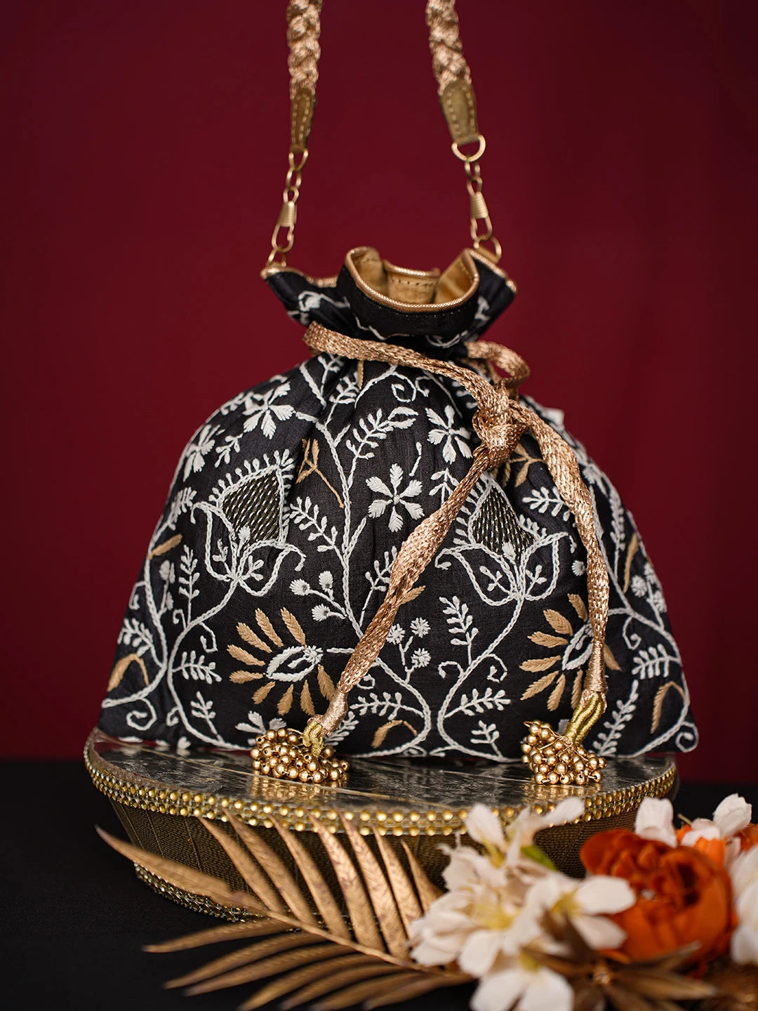 Ada Hand Embroidered Black Silk Lucknowi Chikankari Potli Bag With Zari Work 01A718931
