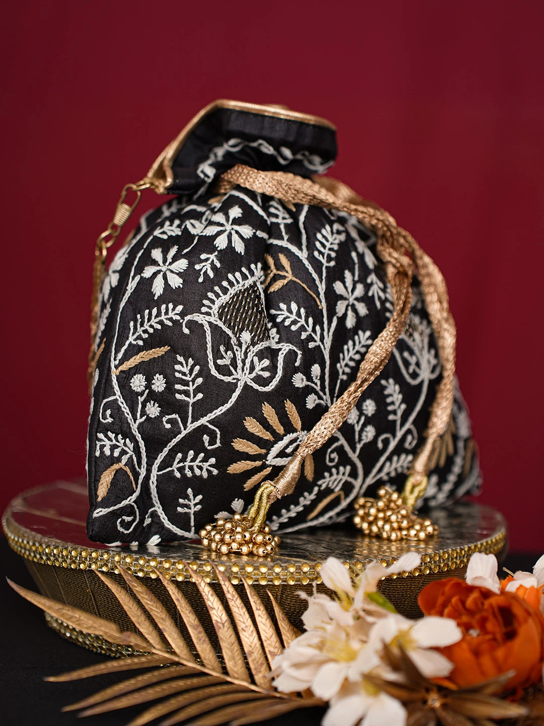 Ada Hand Embroidered Black Silk Lucknowi Chikankari Potli Bag With Zari Work 01A718931