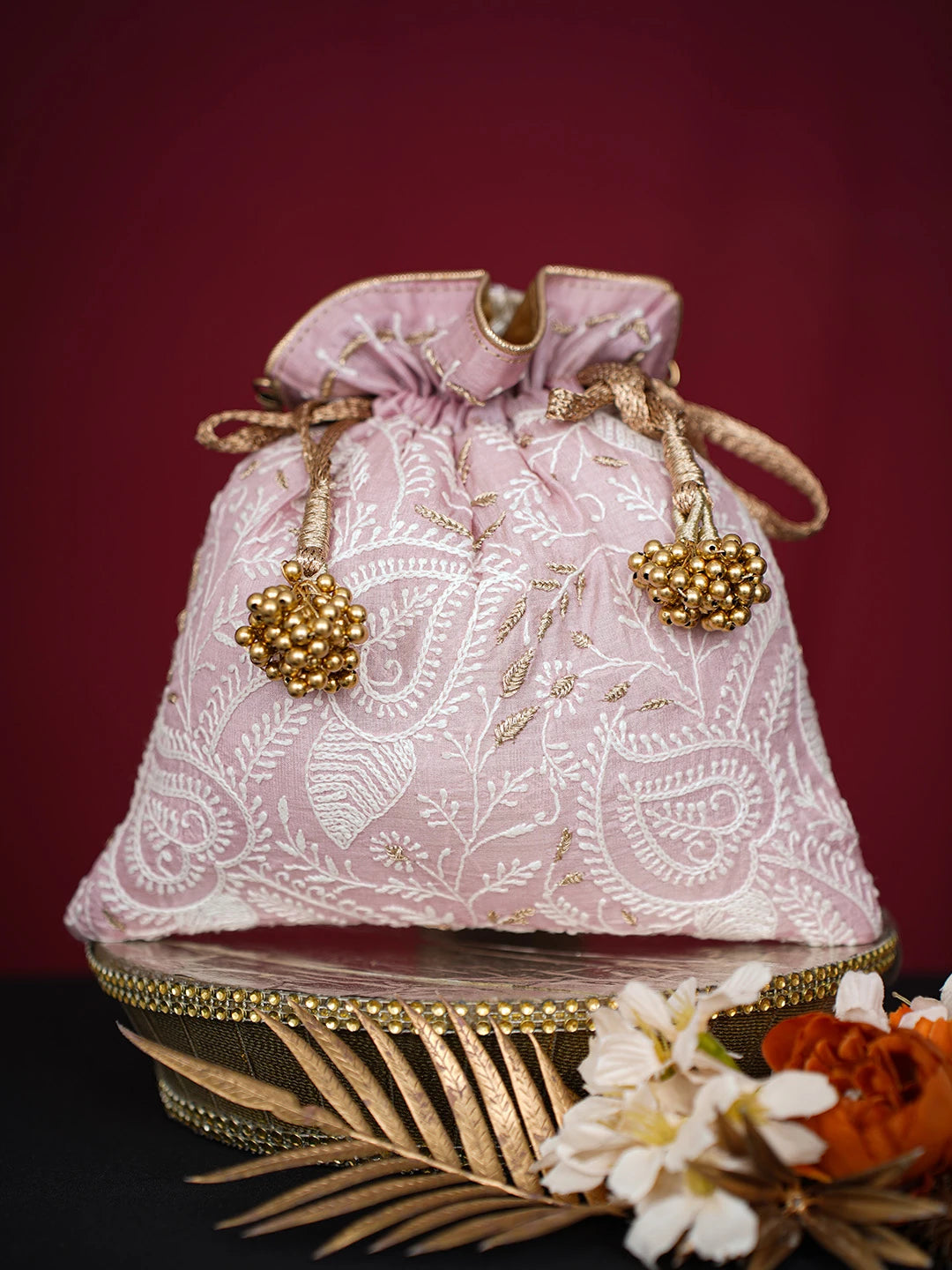 Ada Hand Embroidered Pastel Pink Silk Lucknowi Chikankari Potli Bag With Zari Work 01A718937