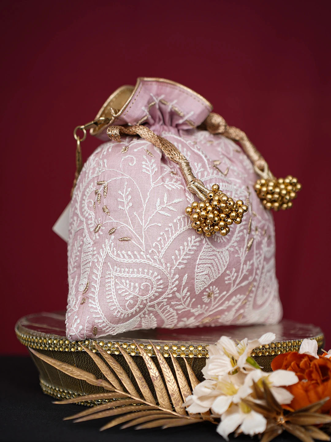 Ada Hand Embroidered Pastel Pink Silk Lucknowi Chikankari Potli Bag With Zari Work 01A718937
