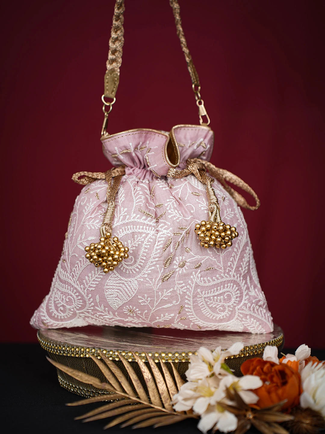 Ada Hand Embroidered Pastel Pink Silk Lucknowi Chikankari Potli Bag With Zari Work 01A718937