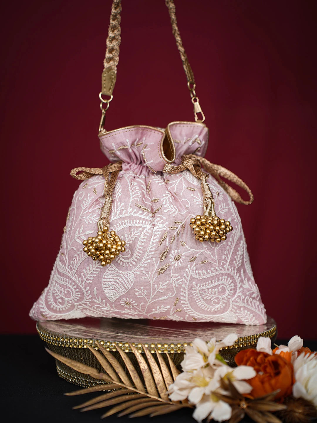 Ada Hand Embroidered Pastel Pink Silk Lucknowi Chikankari Potli Bag With Zari Work 01A718937