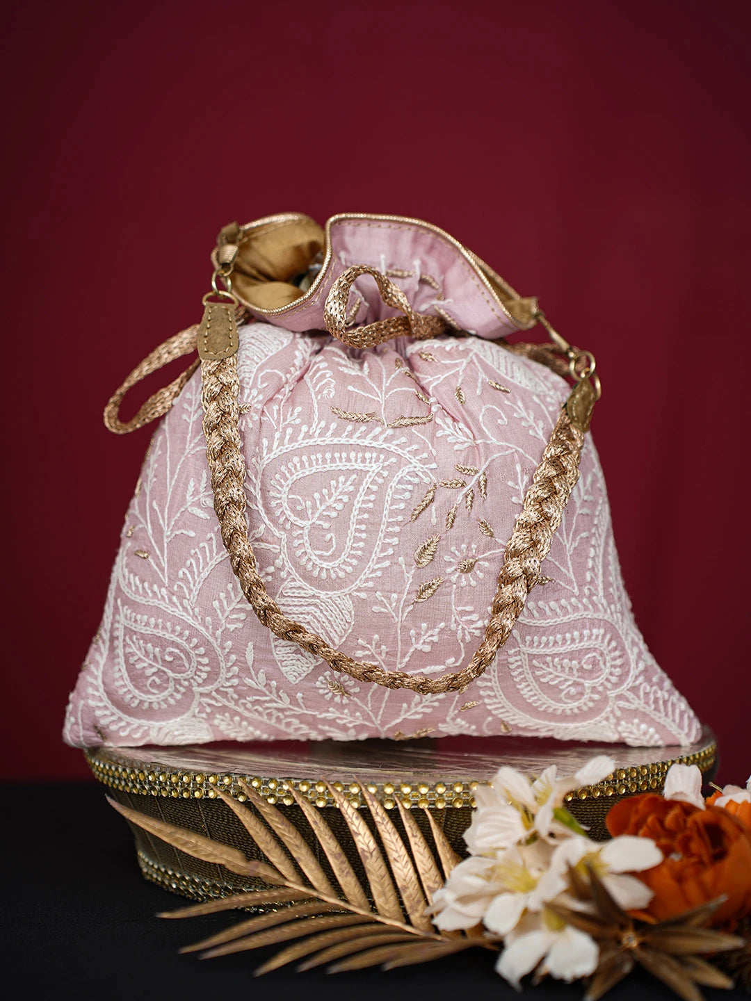 Ada Hand Embroidered Pastel Pink Silk Lucknowi Chikankari Potli Bag With Zari Work 01A718937