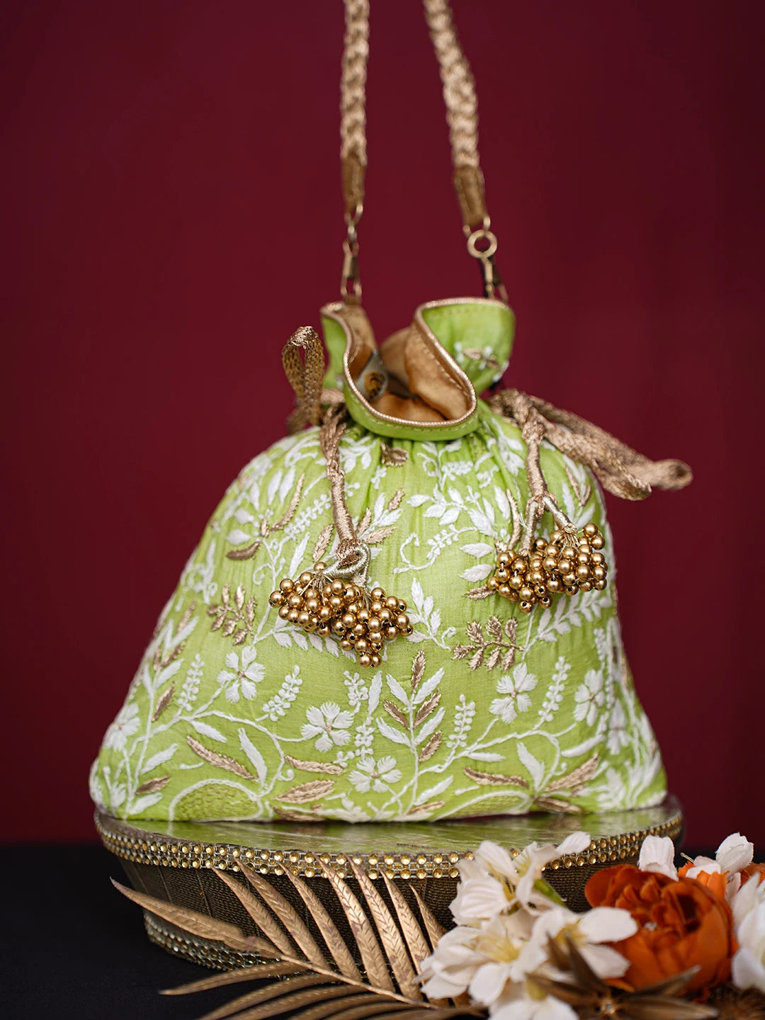 Ada Hand Embroidered Green Silk Lucknowi Chikankari Potli Bag With Zari Work 01A643581