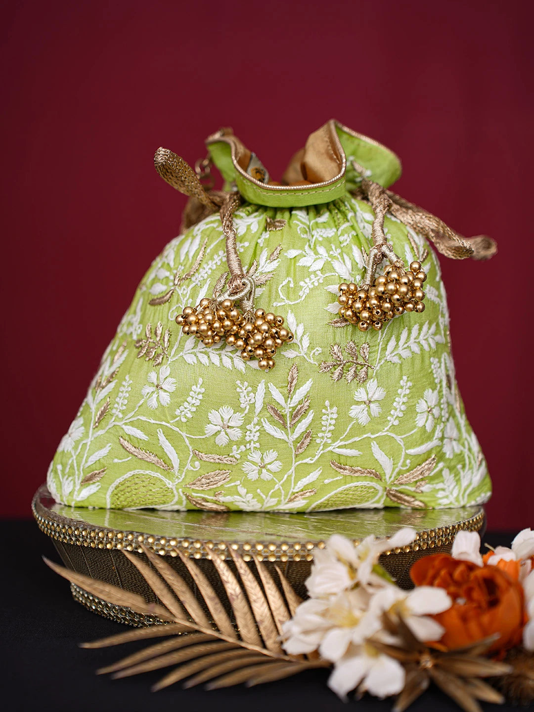 Ada Hand Embroidered Green Silk Lucknowi Chikankari Potli Bag With Zari Work 01A643581