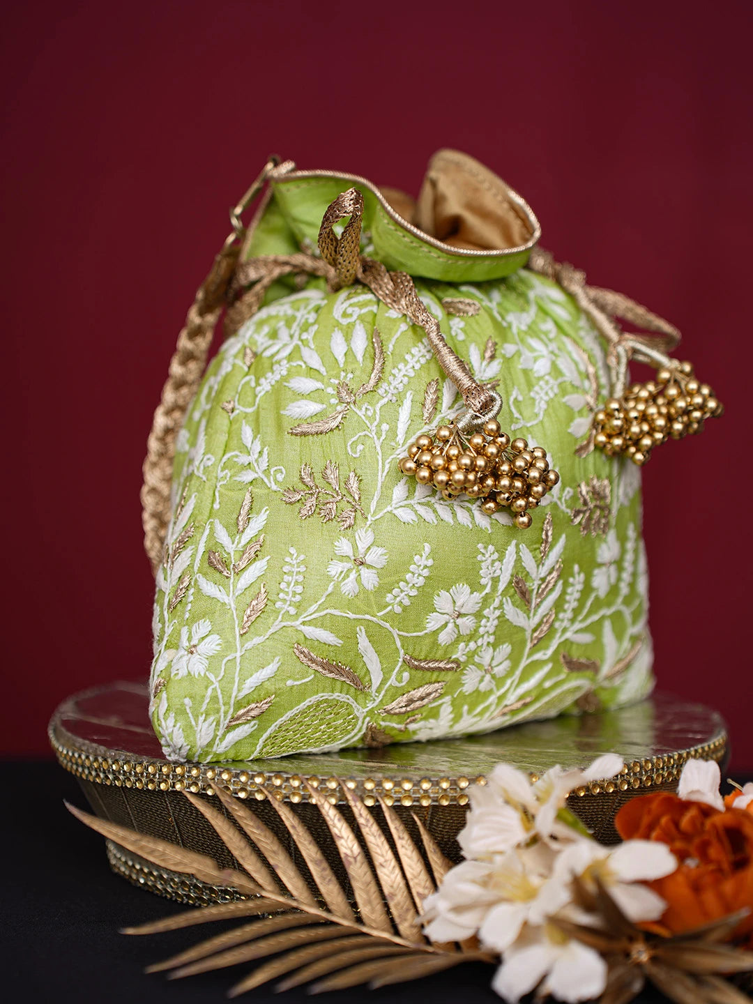 Ada Hand Embroidered Green Silk Lucknowi Chikankari Potli Bag With Zari Work 01A643581
