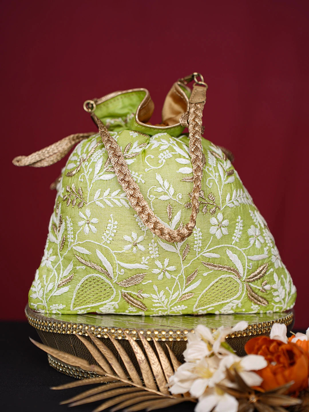 Ada Hand Embroidered Green Silk Lucknowi Chikankari Potli Bag With Zari Work 01A643581