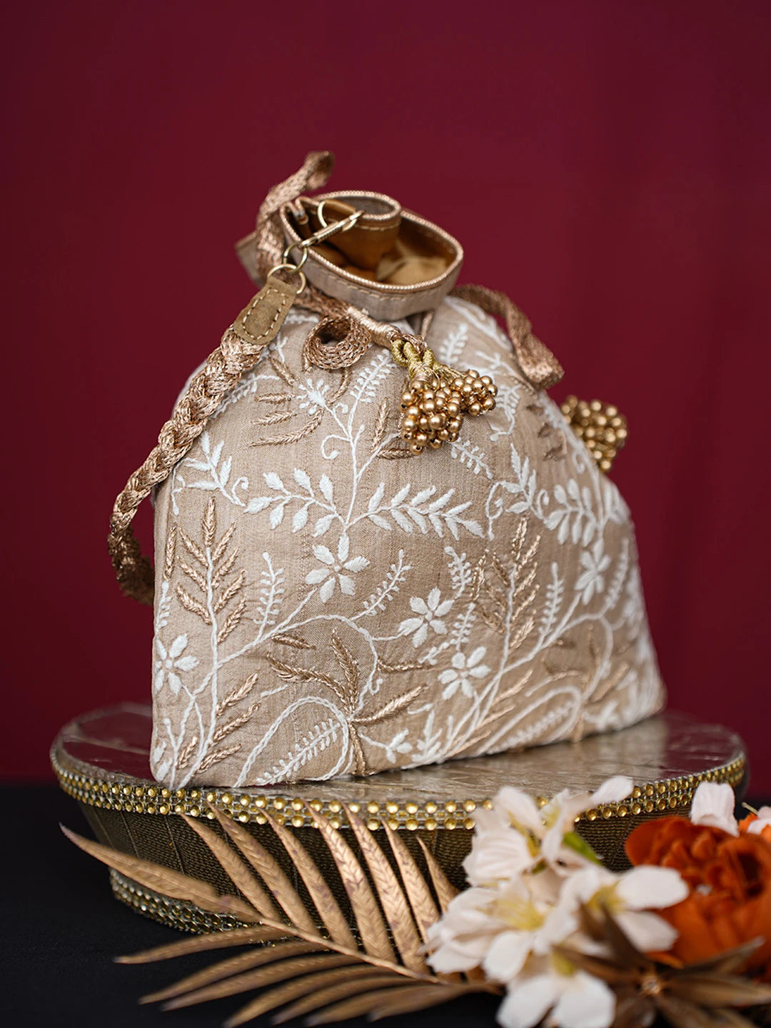 Ada Hand Embroidered Fawn Silk Lucknowi Chikankari Potli Bag With Zari Work 01A718854