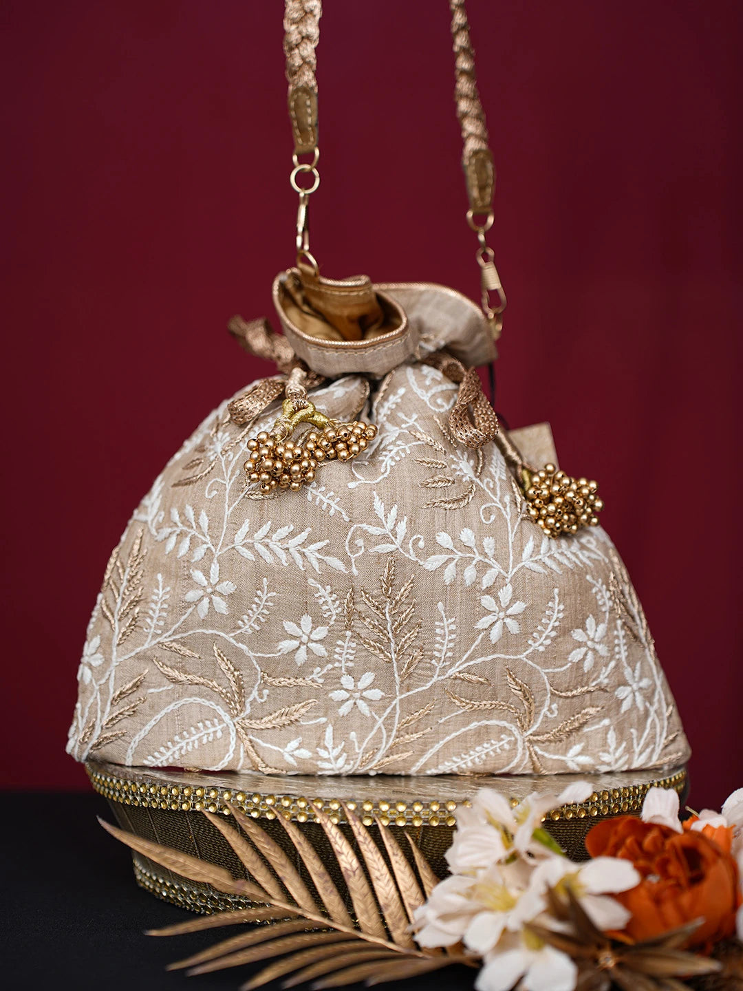 Ada Hand Embroidered Fawn Silk Lucknowi Chikankari Potli Bag With Zari Work 01A718854
