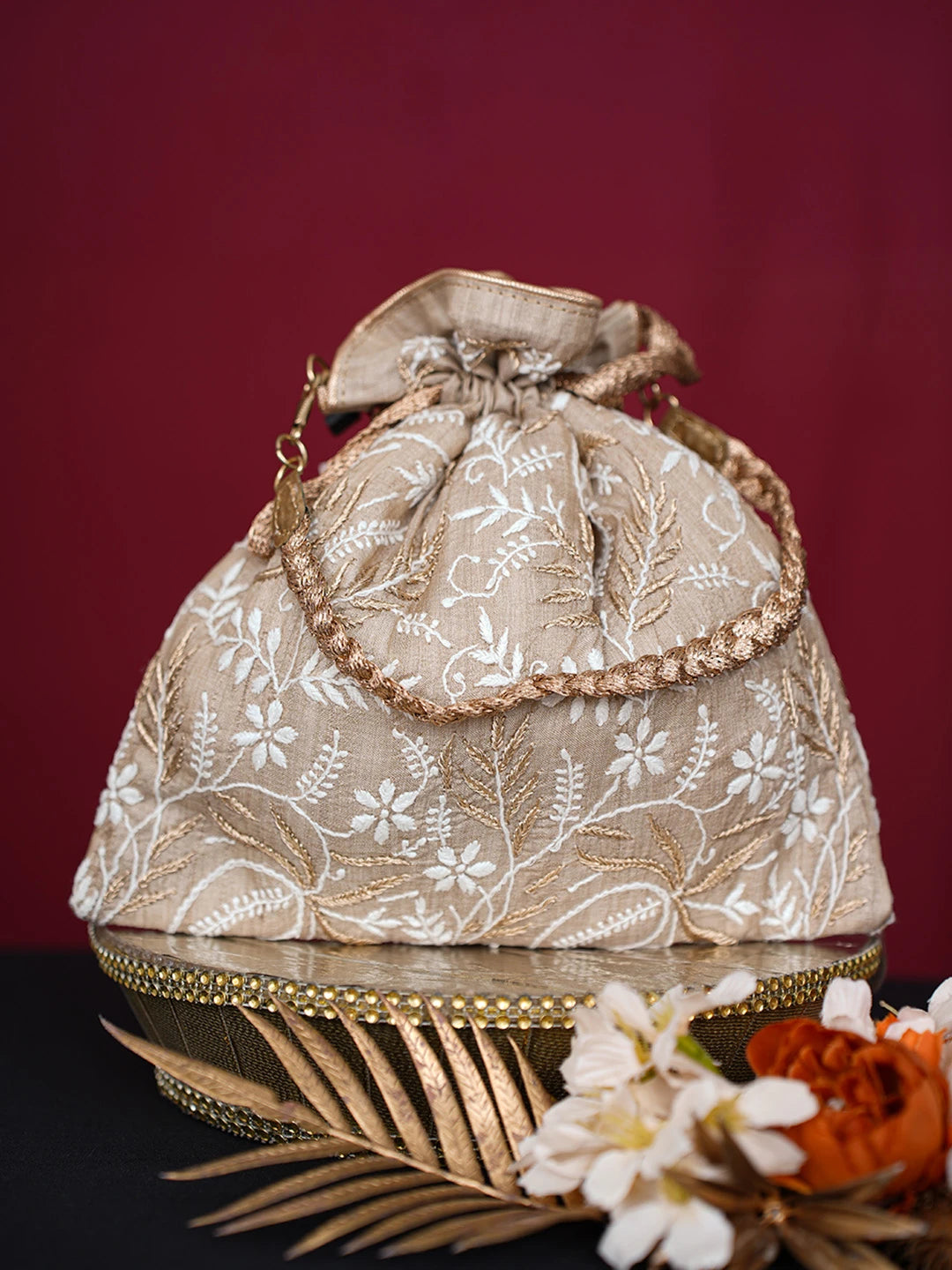 Ada Hand Embroidered Fawn Silk Lucknowi Chikankari Potli Bag With Zari Work 01A718854